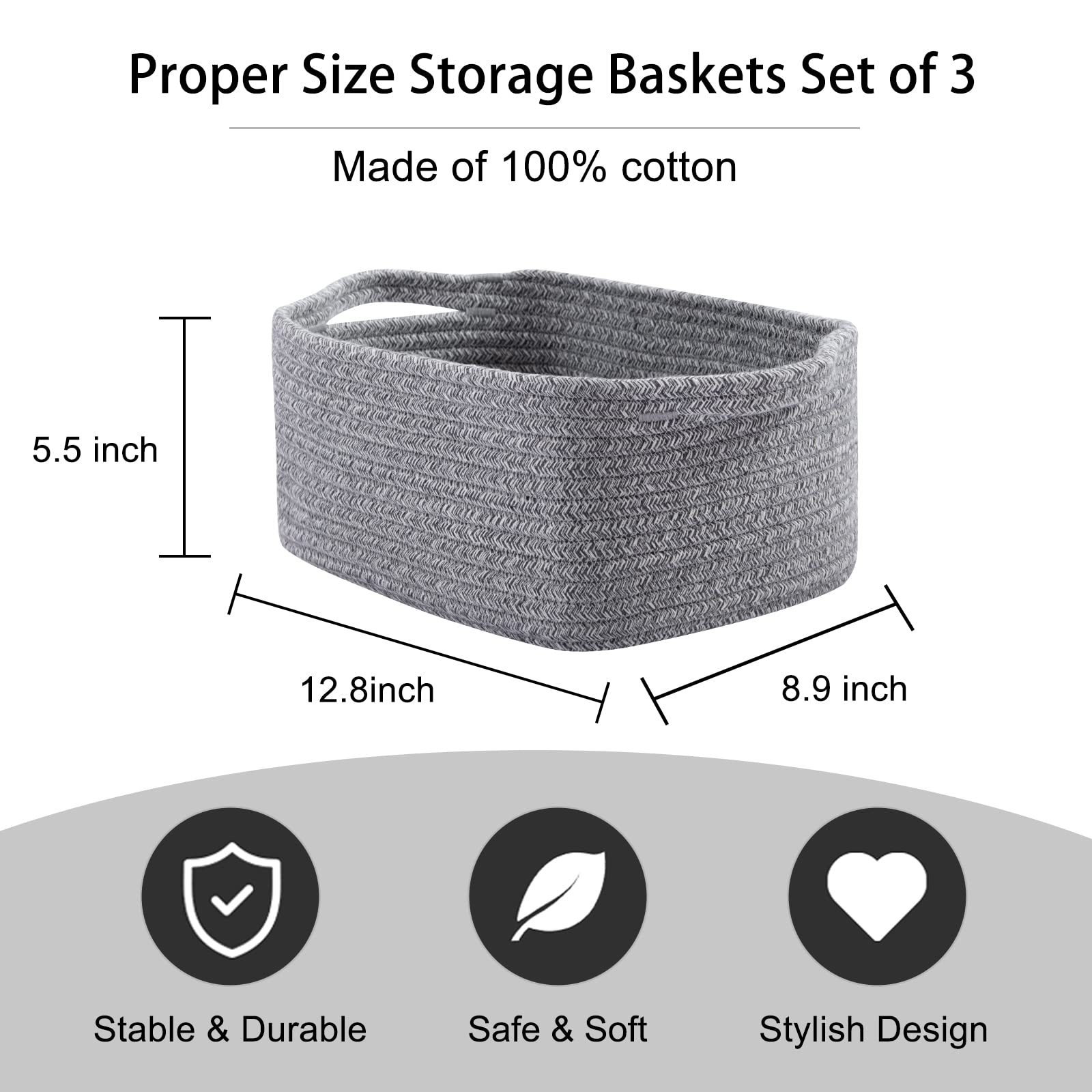3 Pack Storage Baskets for Shelves Cotton Rope Storage Bins Grey (3 Count)