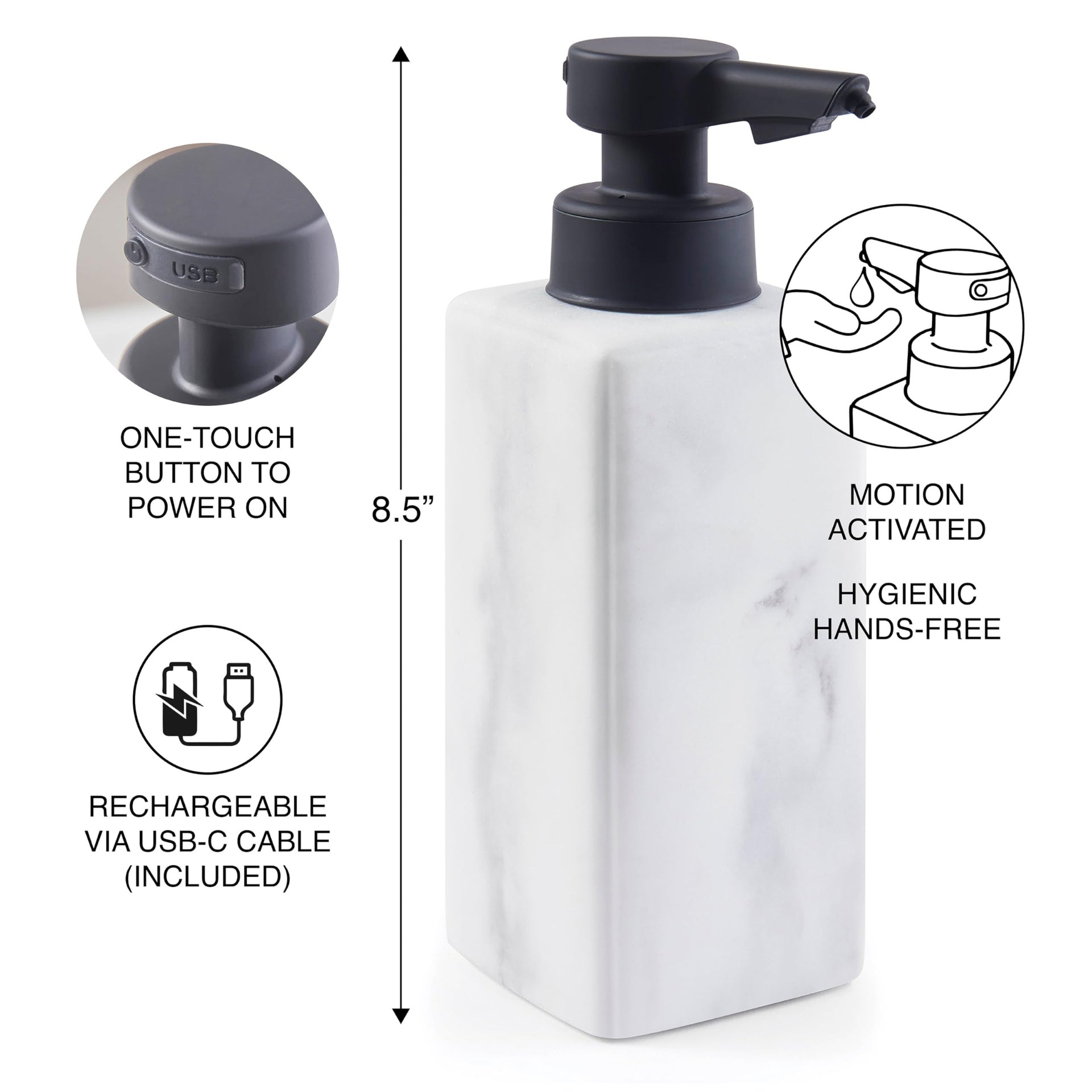 Faux Marble Automatic Liquid Soap Dispenser Rechargeable 8.6x3 White
