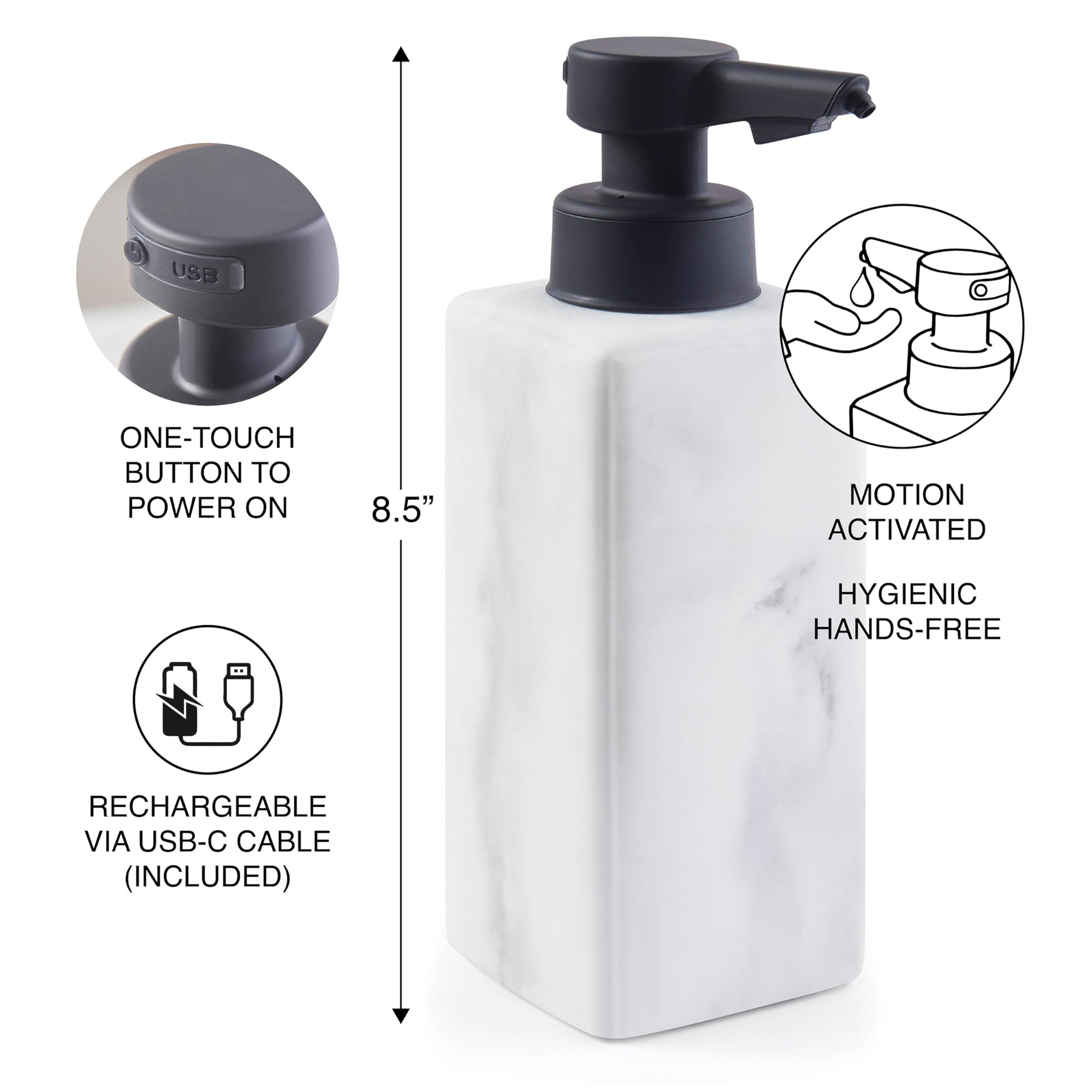 Faux Marble Automatic Liquid Soap Dispenser Rechargeable 8.6x3 White