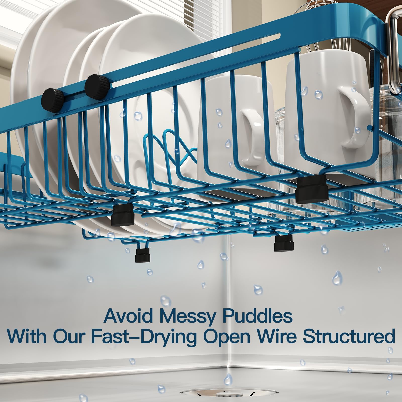 Blue Dish Drying Rack Over The Sink with Utensil Holder
