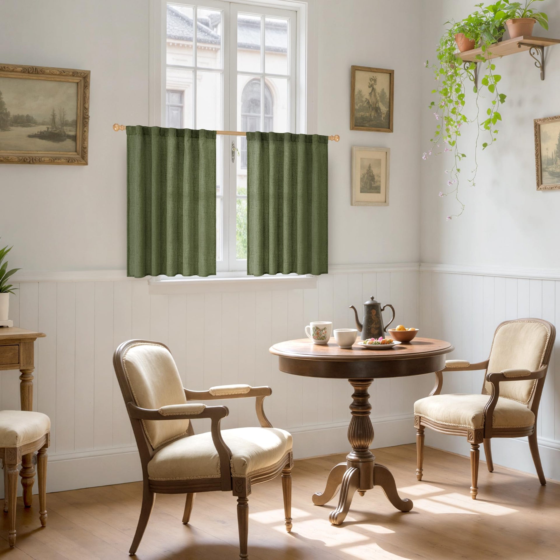 Olive Green Linen Kitchen Curtains 36 Inch Length (2 Count)