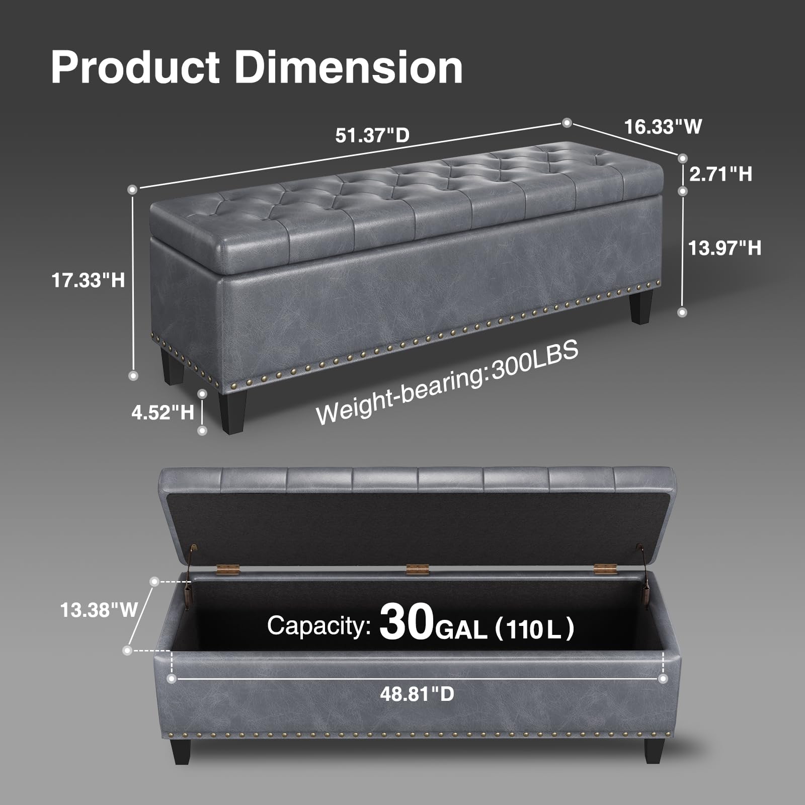 51 Inch Storage Ottoman Bench