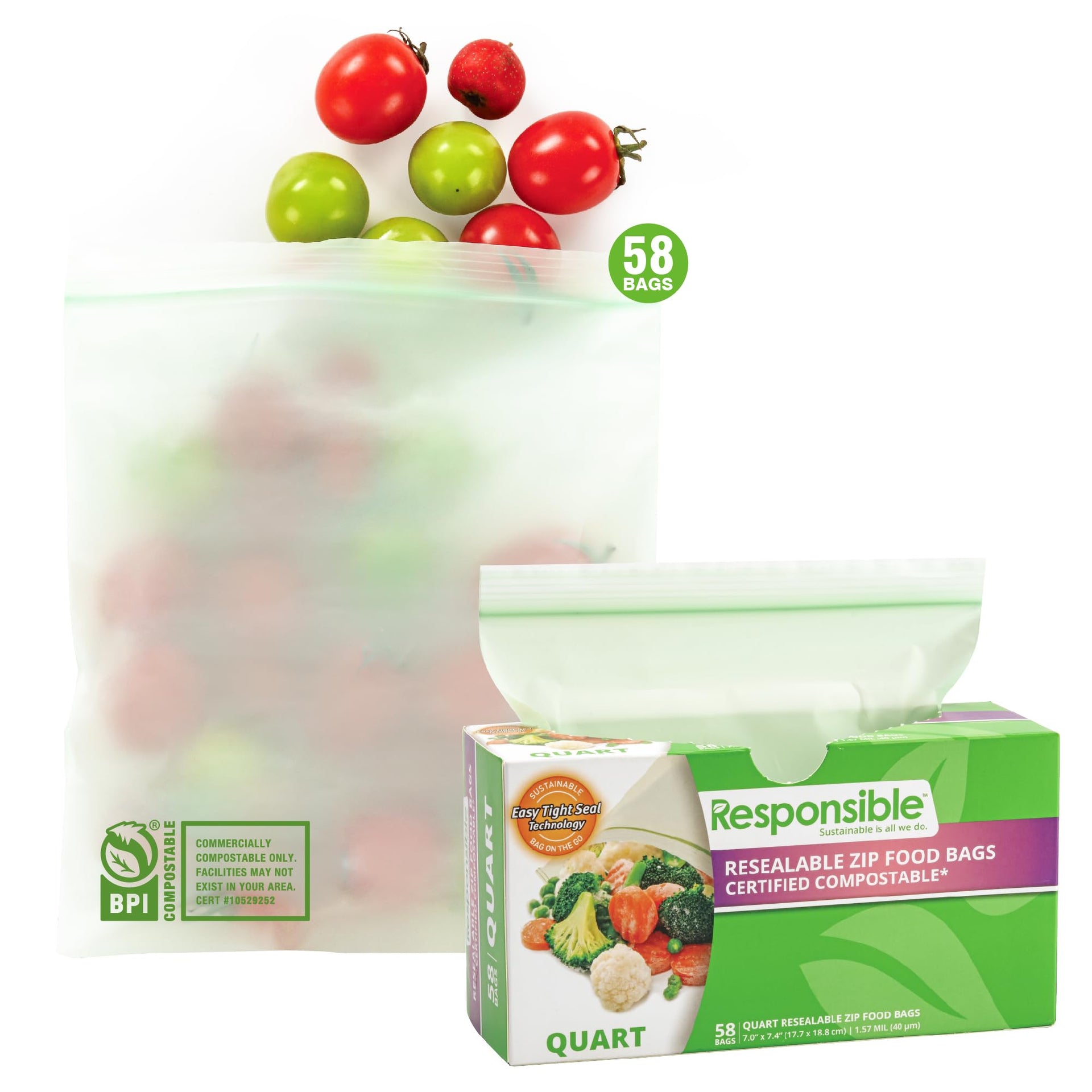 Certified Compostable QUART Resealable Zip Bag (58 Count)