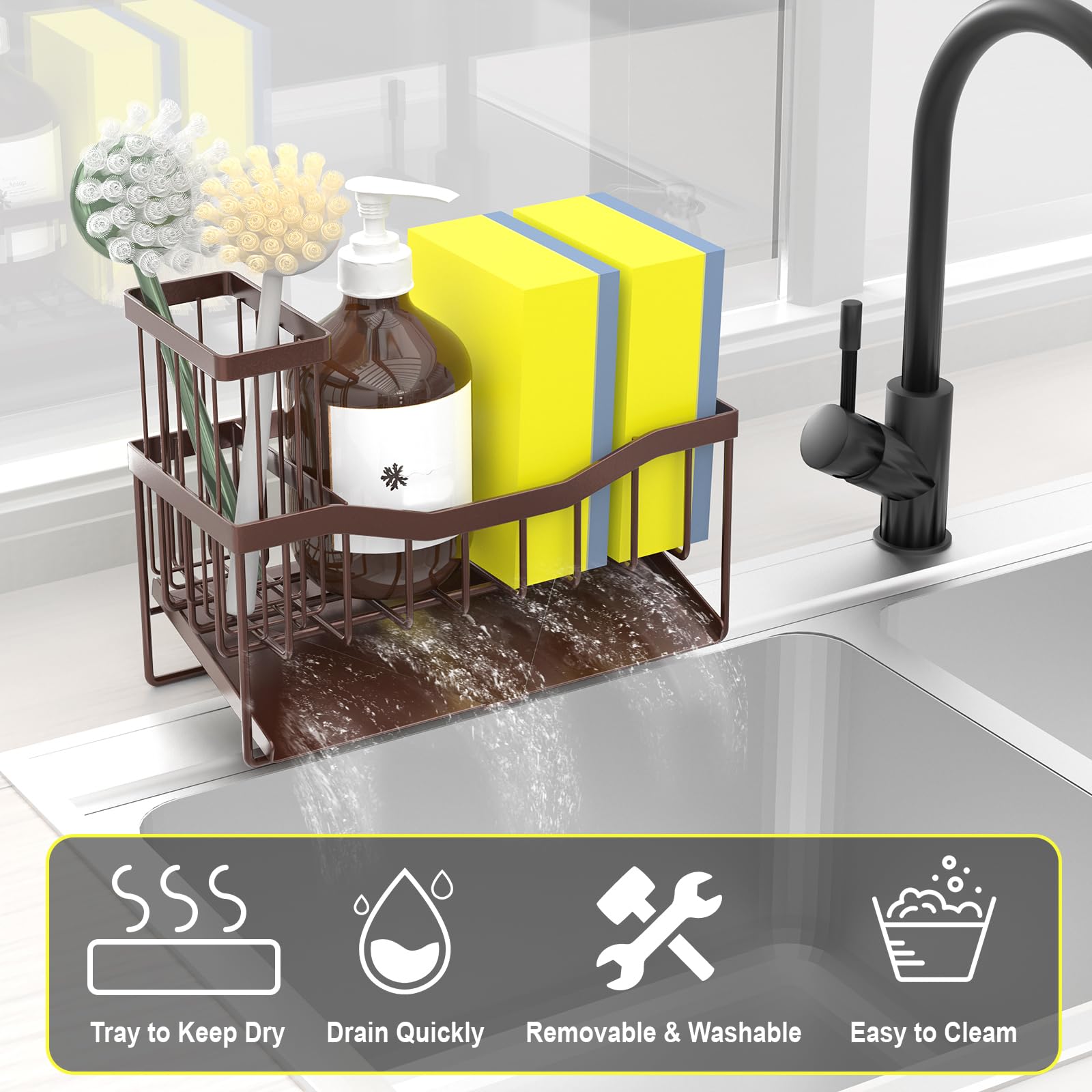Maifan Sink Caddy Sponge Holder for Kitchen with Brush Holder and Stainless Steel Self Drain Tray