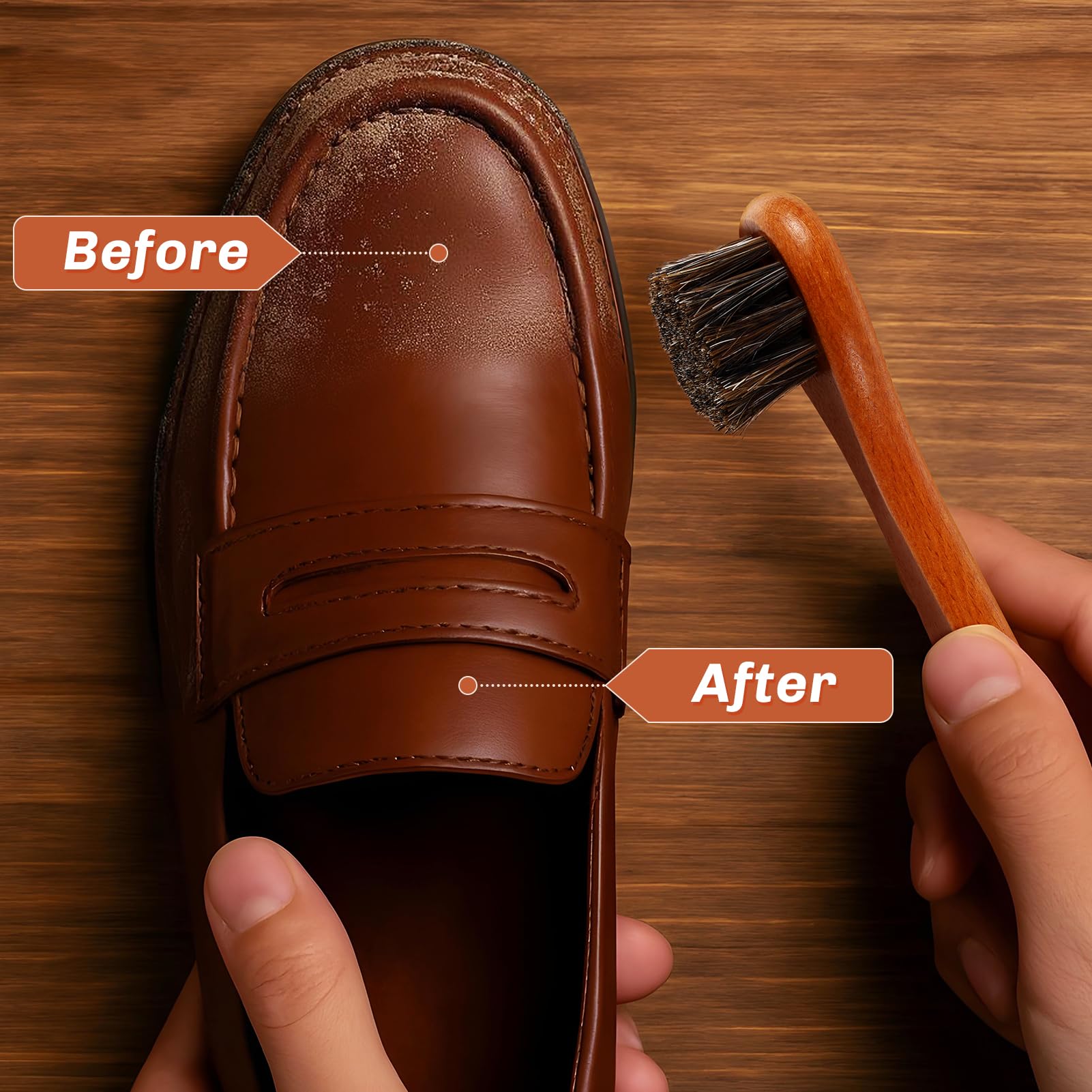 4 Pcs Horsehair Shine Shoes Brush Kit Polish Dauber Applicators Cleaning Leather Shoes Boots Care Brushes Suede Cleaner Brush with Microfiber Shoe Cloth