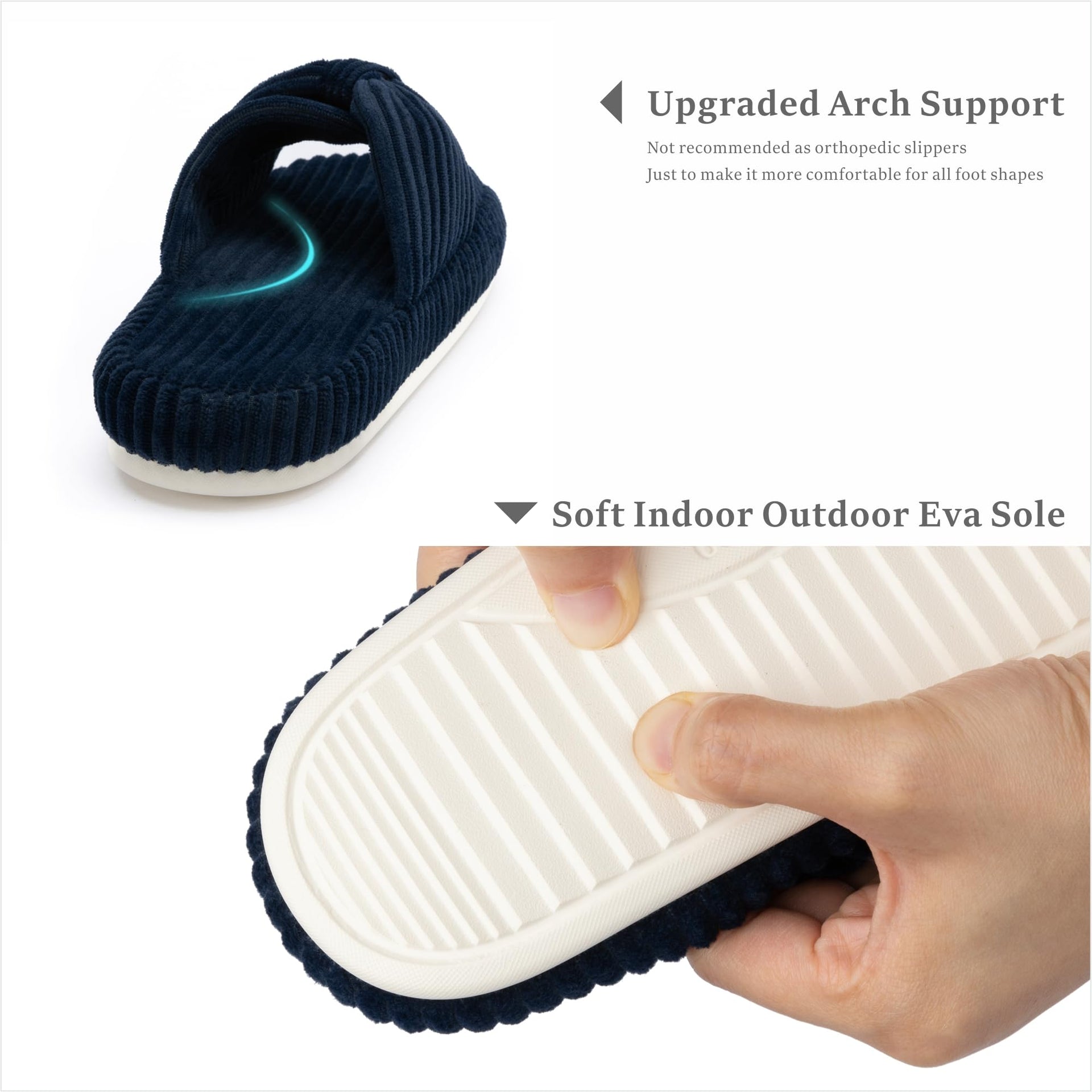 Slippers for Women Memory Foam House Bedroom Corduroy Bow Crossbands Slipper Shoes Comfy Trendy Gift Slippers Navy Blue Size 11 12 10.5
