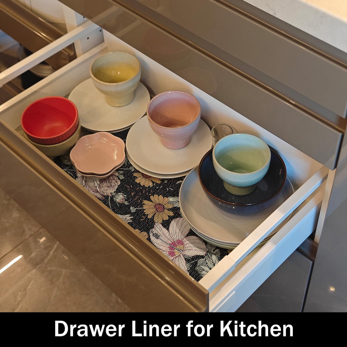 Black Retro Floral Shelf Drawer Liner for Kitchen 12IN x 20FT (19.36 Sq Ft)