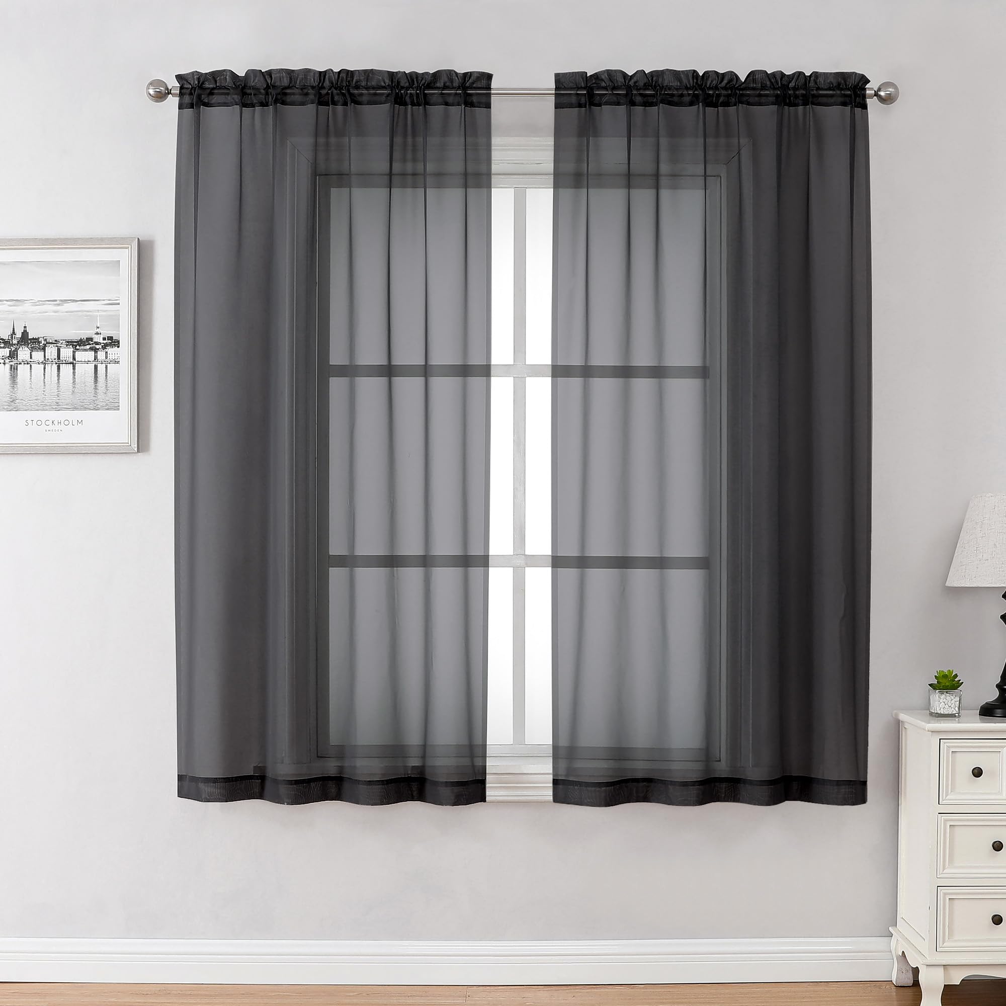 Black Sheer Curtains 45 Inches Length 2 Panels