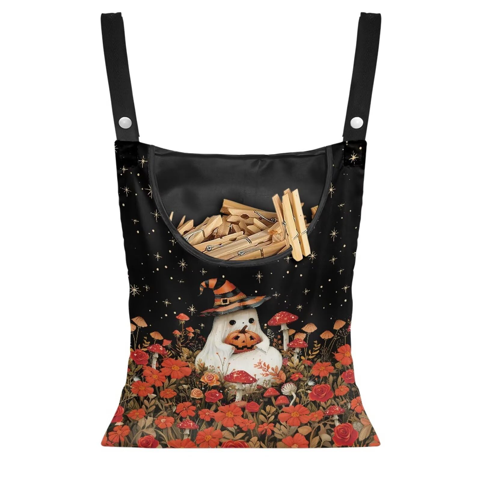 Halloween Ghost Clothespin Bag Laundry Hanging Storage Organizer with Rope Red Mushroom Clothespin Holder with Large Opening for Clothesline Outdoor Clothespins Storage