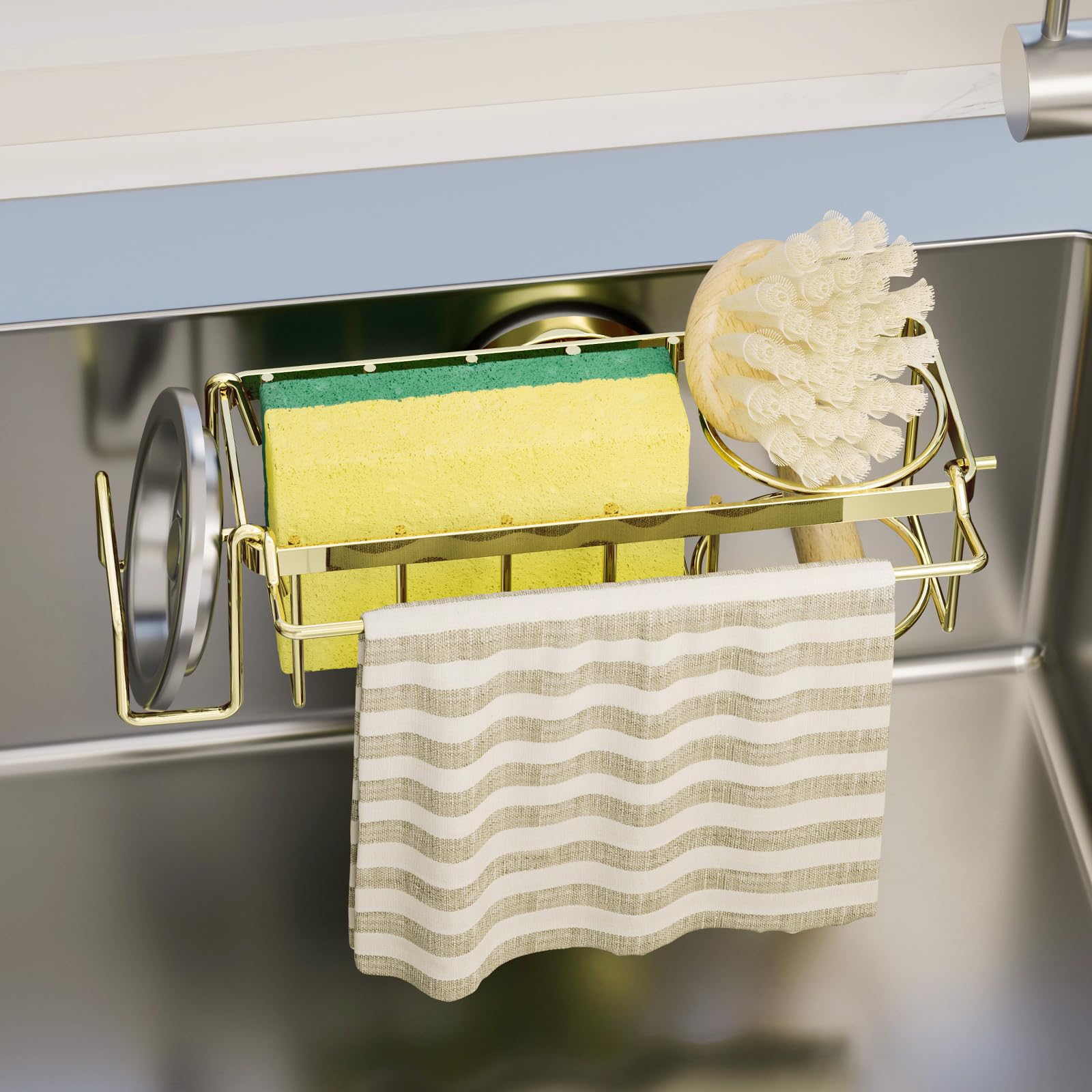 4-in-1 Sink Sponge Holder for Kitchen with Strong Suction Cup-Gold