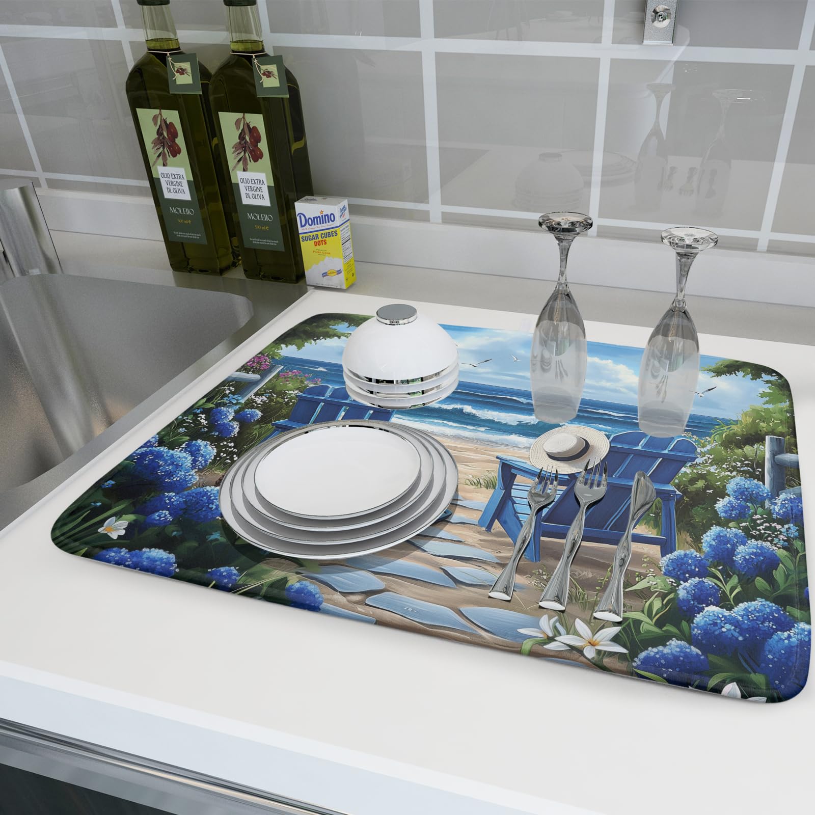 Summer Beach Dish Drying Mat 18x24 Inch Sea Shells Flowers Kitchen Mats Blue Microfiber Absorbent Dish Drainer Rack Mats Non