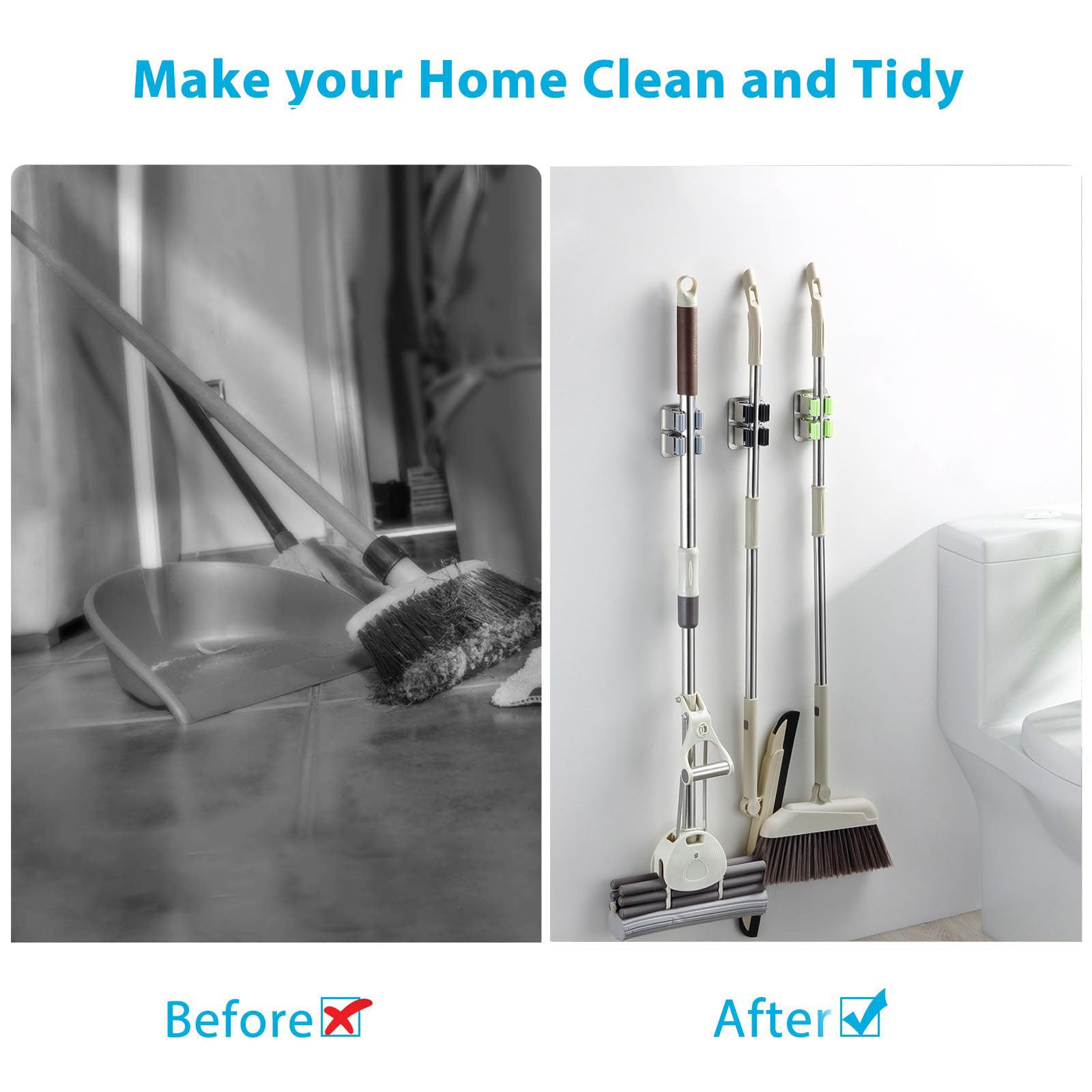 2Pcs Mop and Broom Holder Wall Mount Self Adhesive (2 Count)