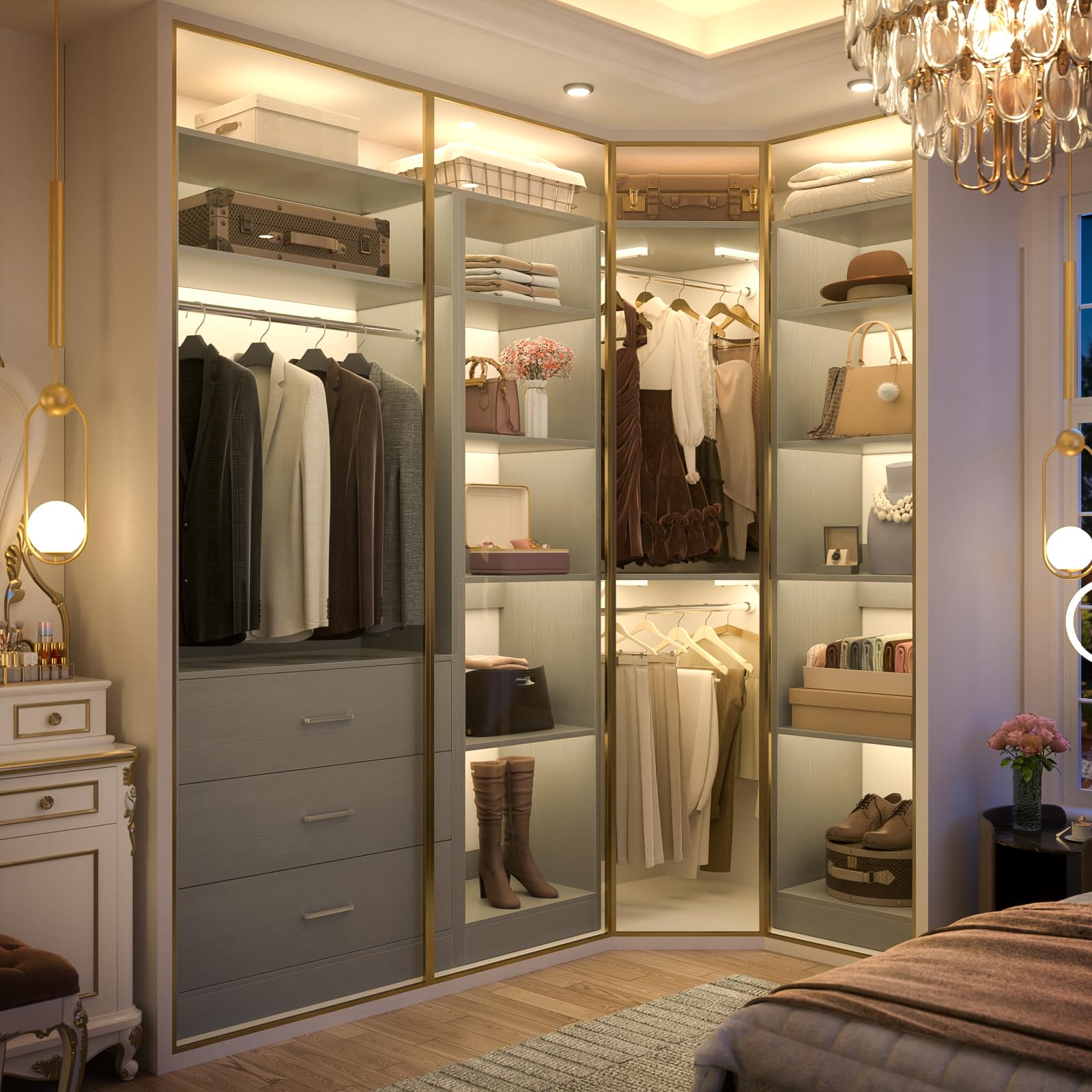 Corner Closet System with 3 Drawers