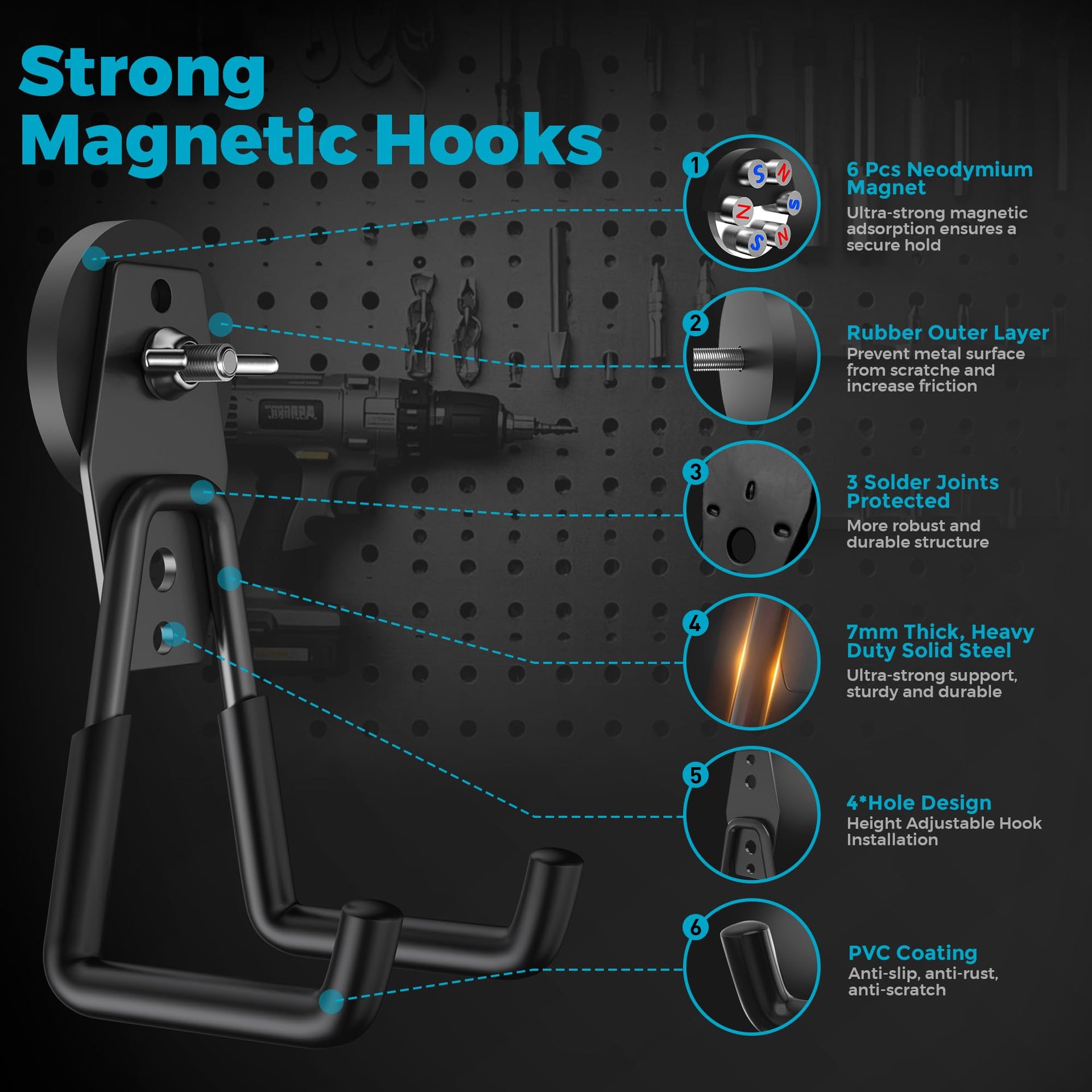 4 Pack Large Strong Magnetic Hooks Heavy Duty Garage Big Magnet Hooks Extra Strength Magnetic Utility Storage Hook Hanger with Anti Slip Coating for Garden Indoor Outdoor Hanging Tools Black (4 Count)
