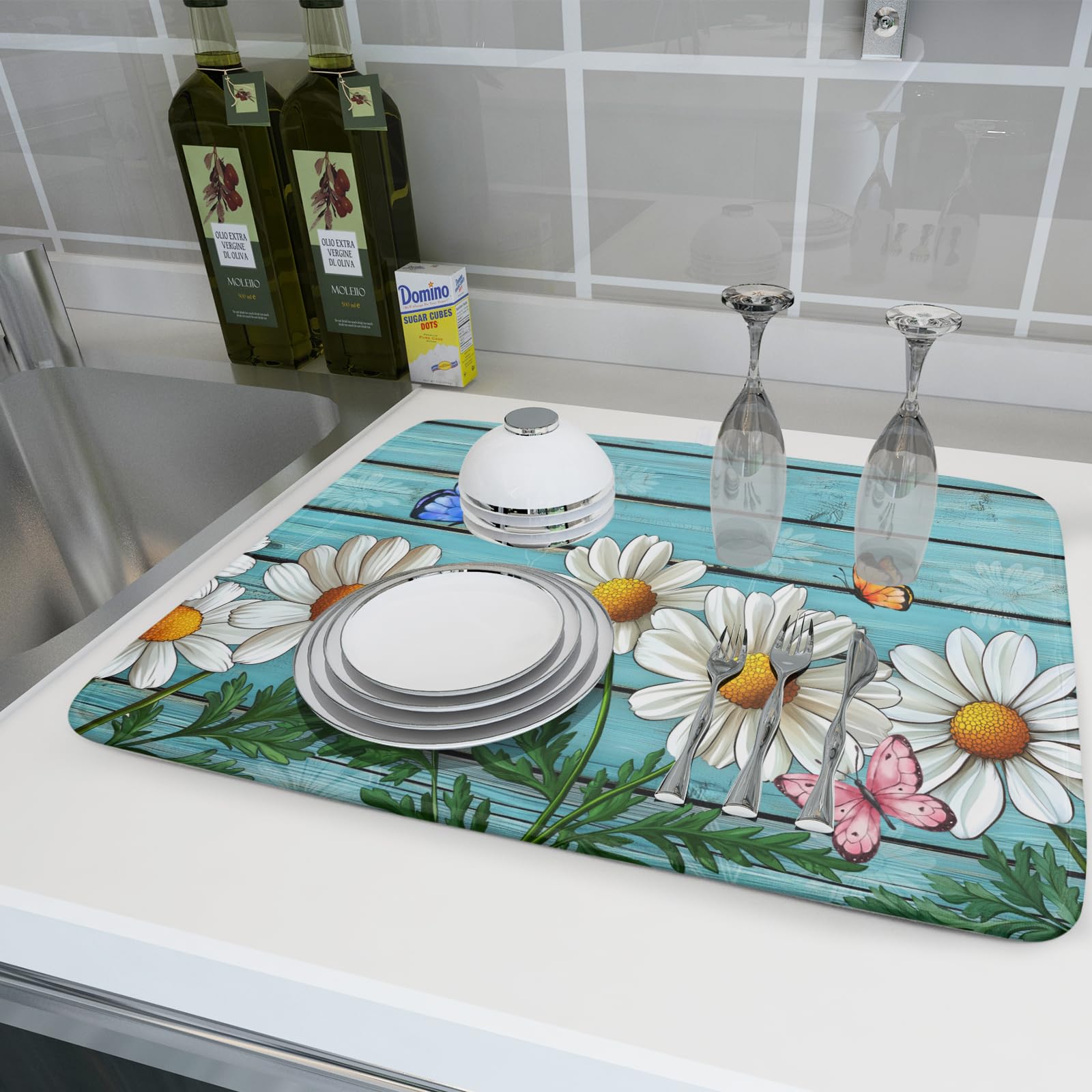 Daisy Dish Drying Mat for Kitchen Counter 18”x24” Rustic Daisy Absorbent Dish Drying Mat Reversible Microfiber Dish Drainer Rack Fast Drying Mat for Countertops Tableware Decor
