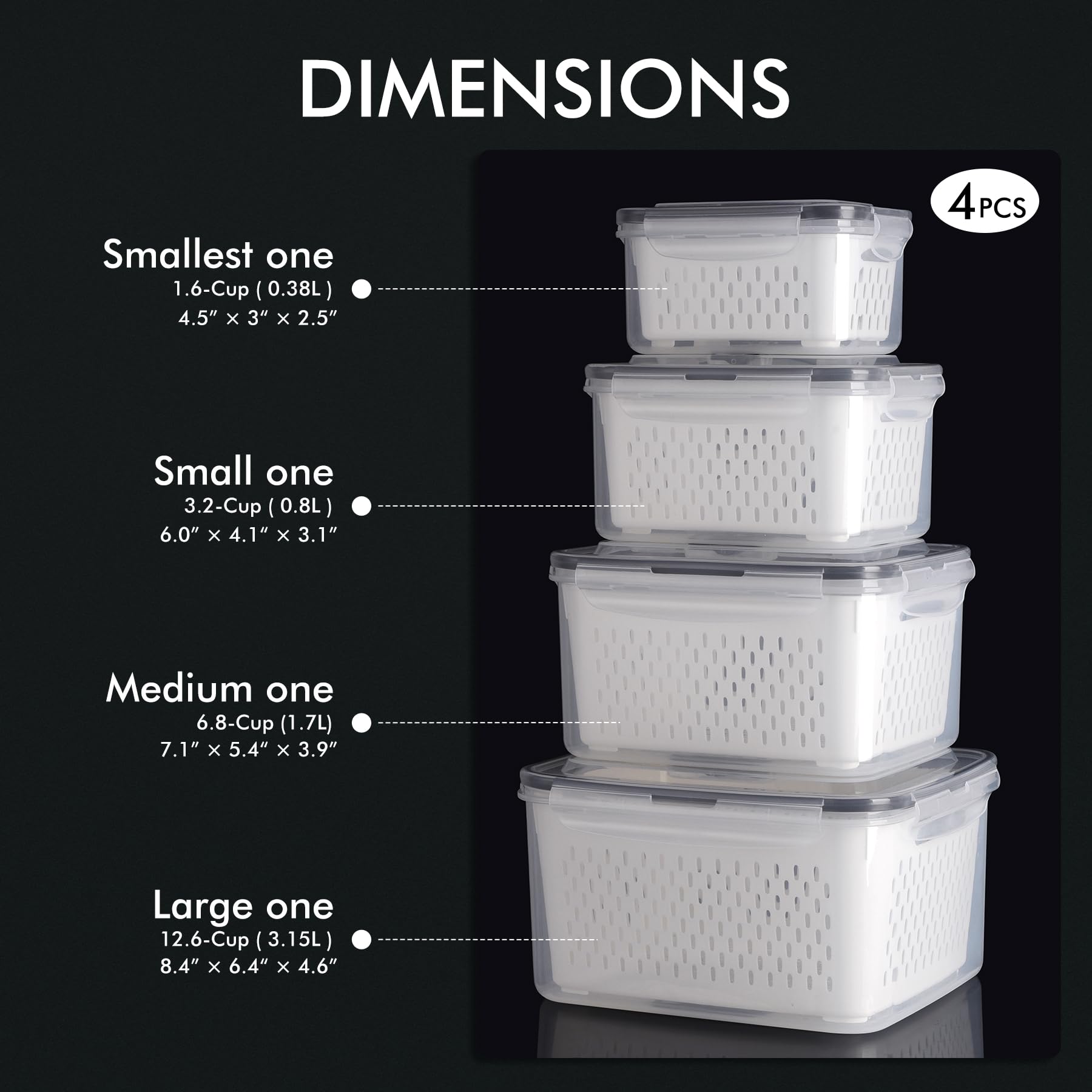 4 Pack Large Fruit Storage Container for Fridge Leak proof with Removable Colander (3.32 Count)