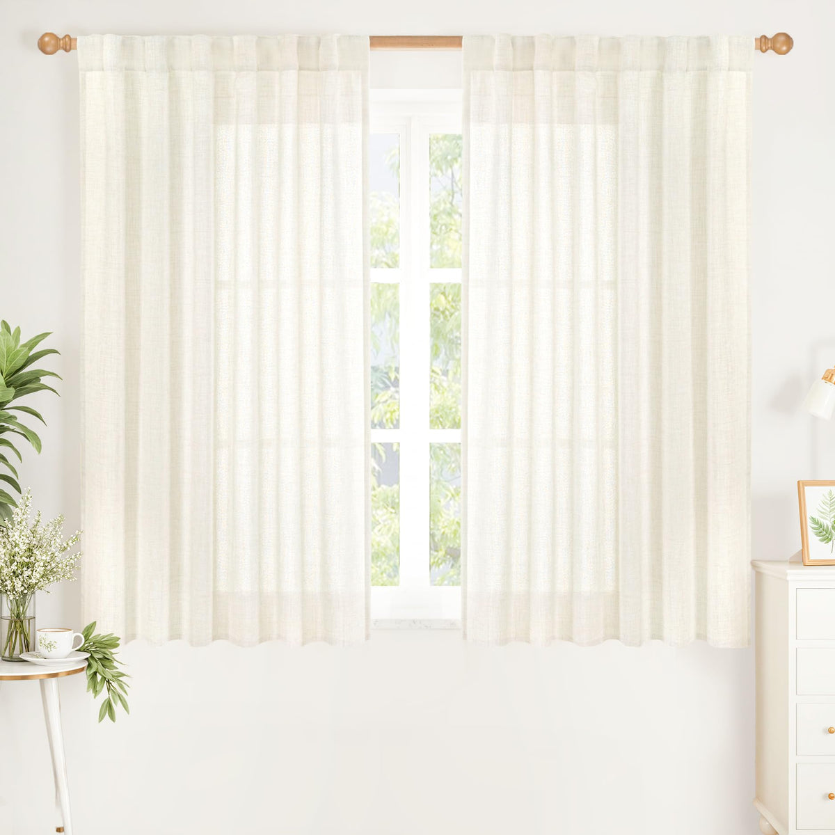 Ivory Linen Semi Sheer Curtains 45 Inch Length 2 Panels Set (2 Count)