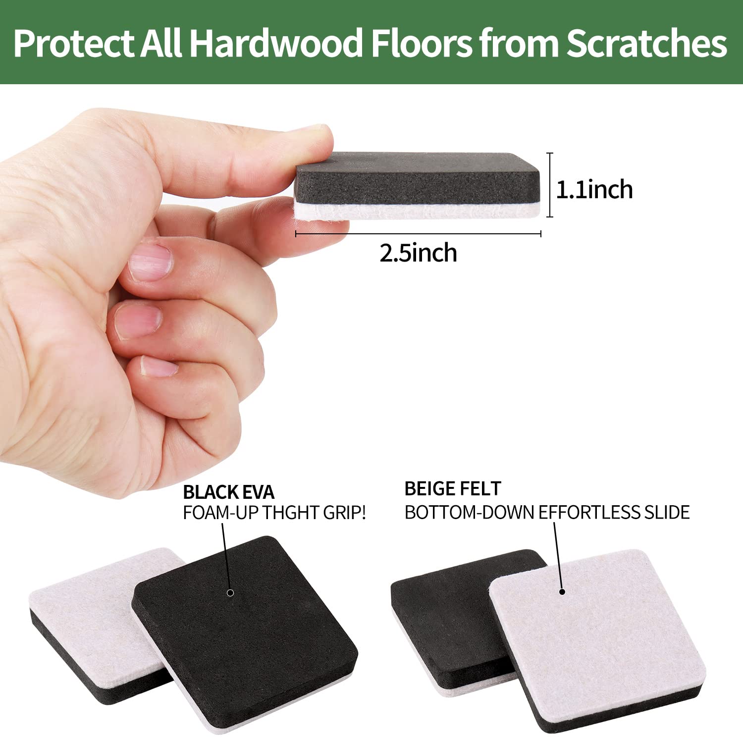 2.5" Square Felt Furniture Movers Sliders for Hardwood Floors (24 Count)