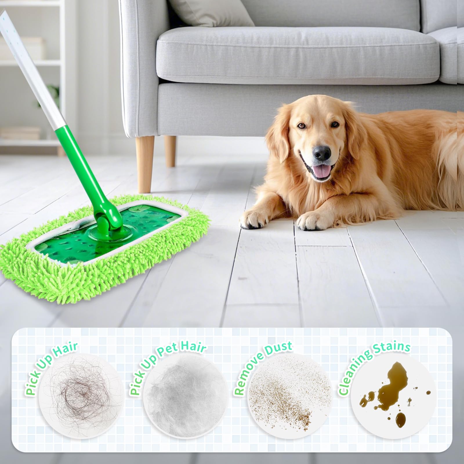 8 Pack Green Reusable Chenille Mop Pads Fit for Swiffer Sweeper (8 Count)