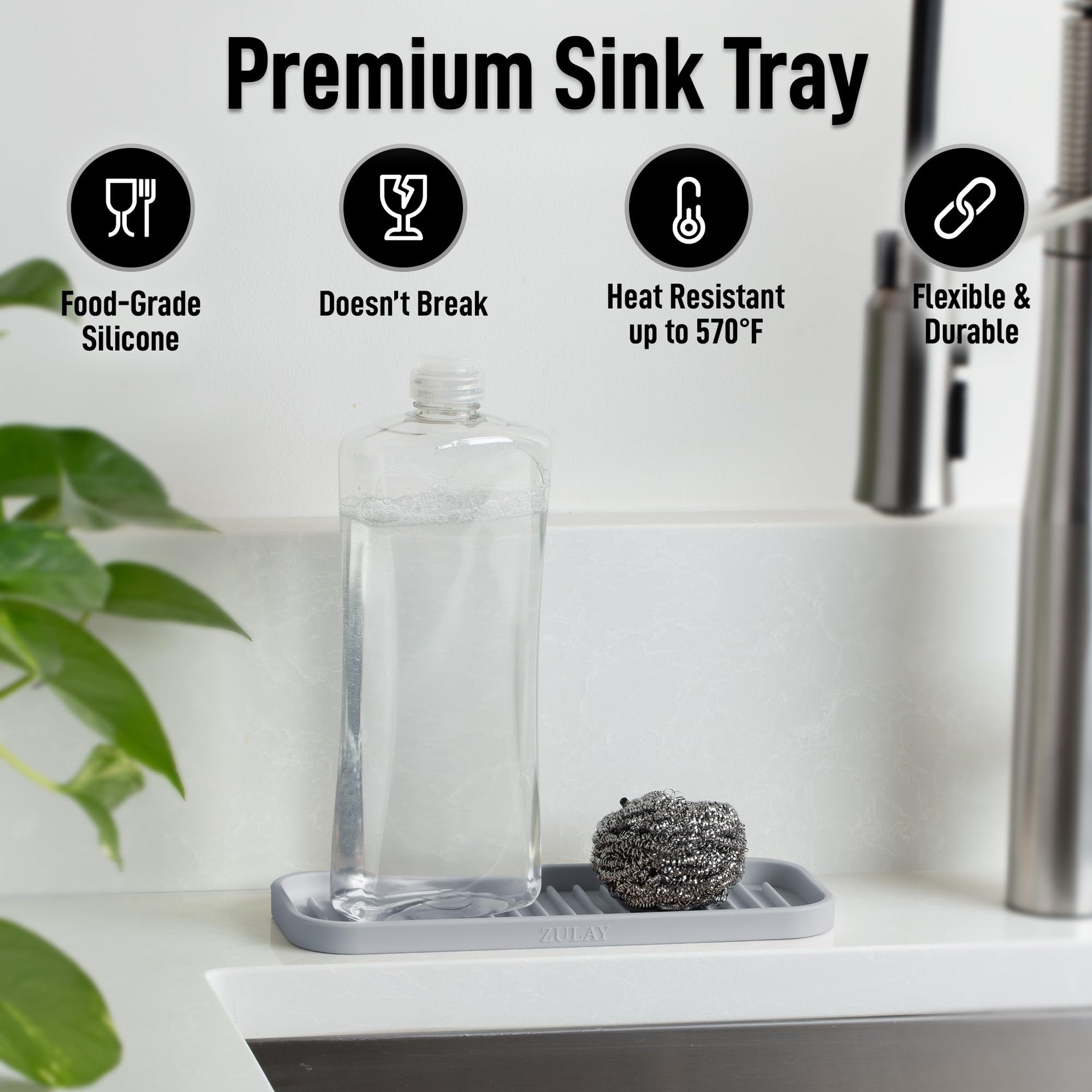 9x3.5in) Sponge Holder for Kitchen Sink - Flexible Heavy-Duty Multipurpose Sink Caddy - Counter Organizer for Kitchen, Bathroom, Makeup, Trinkets & More! (Grey)