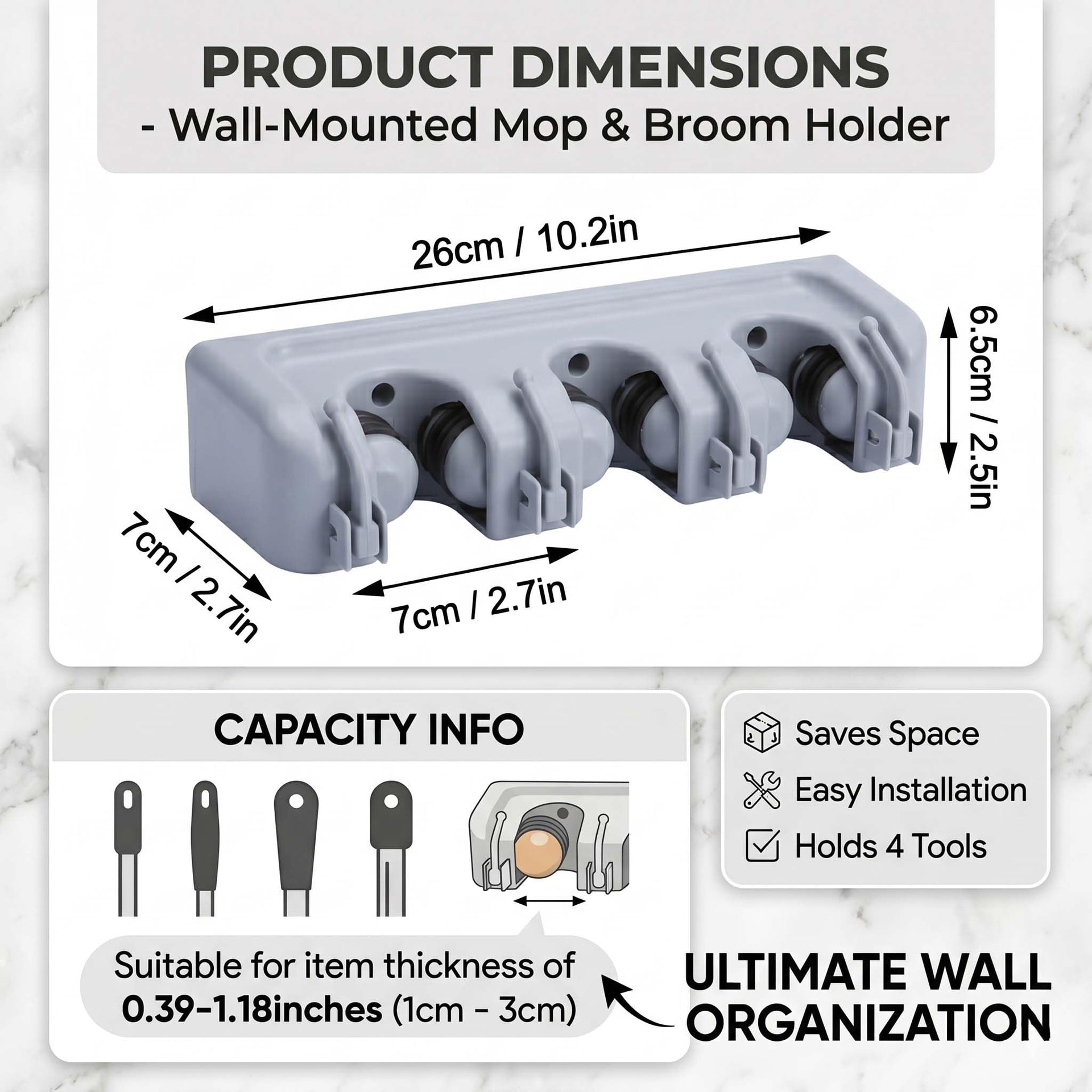 Mop and Broom Holder Wall Mounted 3 Position Storage Rack with 4 Retractable Hooks Holds up to 7 Tools Utility Weatherproof Holder for Garage Storage Systems Broom Organizer