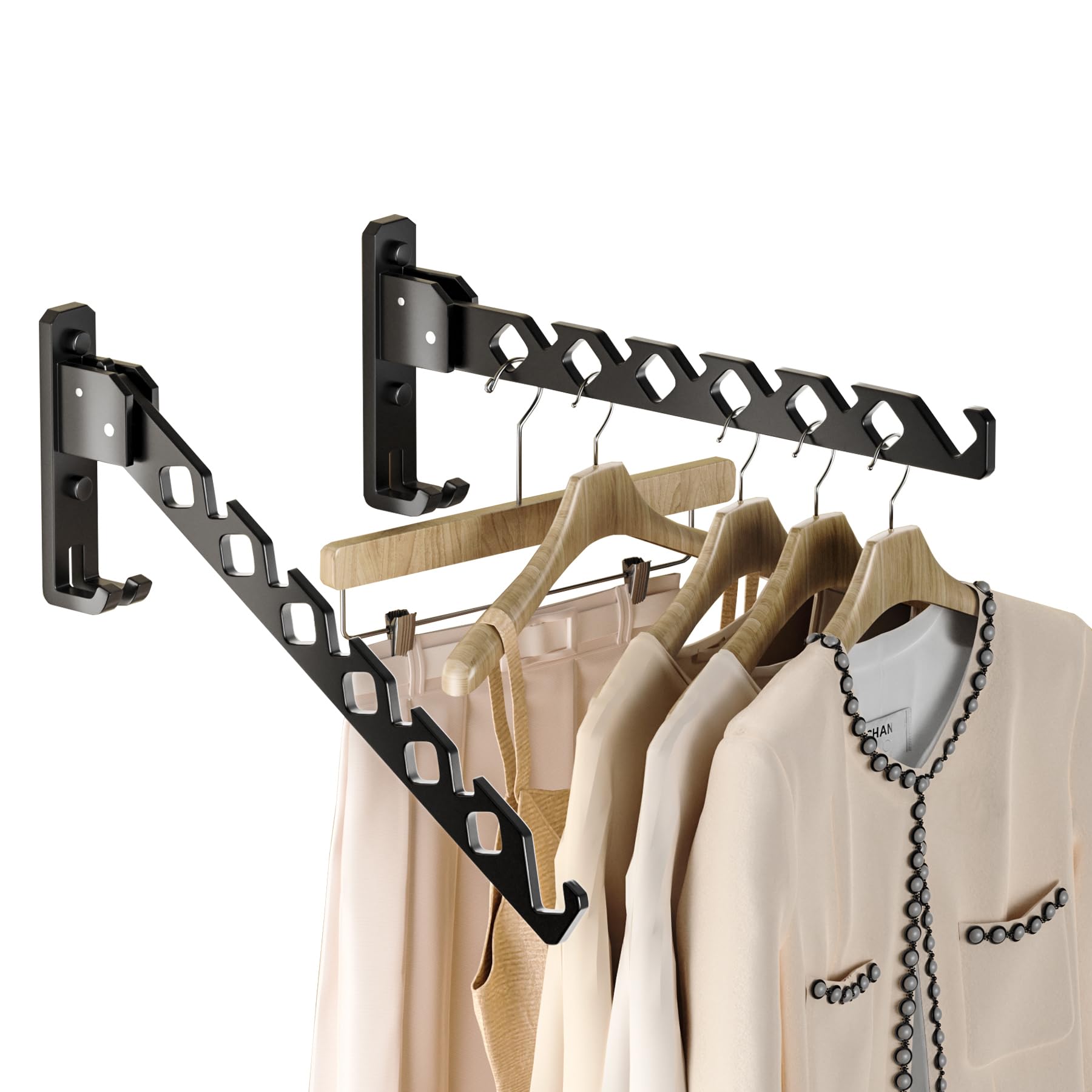 Wall Mount Coat Hanger Holder Black Clothes Drying Organizer Rack Garment Hooks Aluminium Retractable Folding Indoor Wall Mounted Hanger Space Saver for Laundry Room Bedroom Black 2Pack (2 Count)