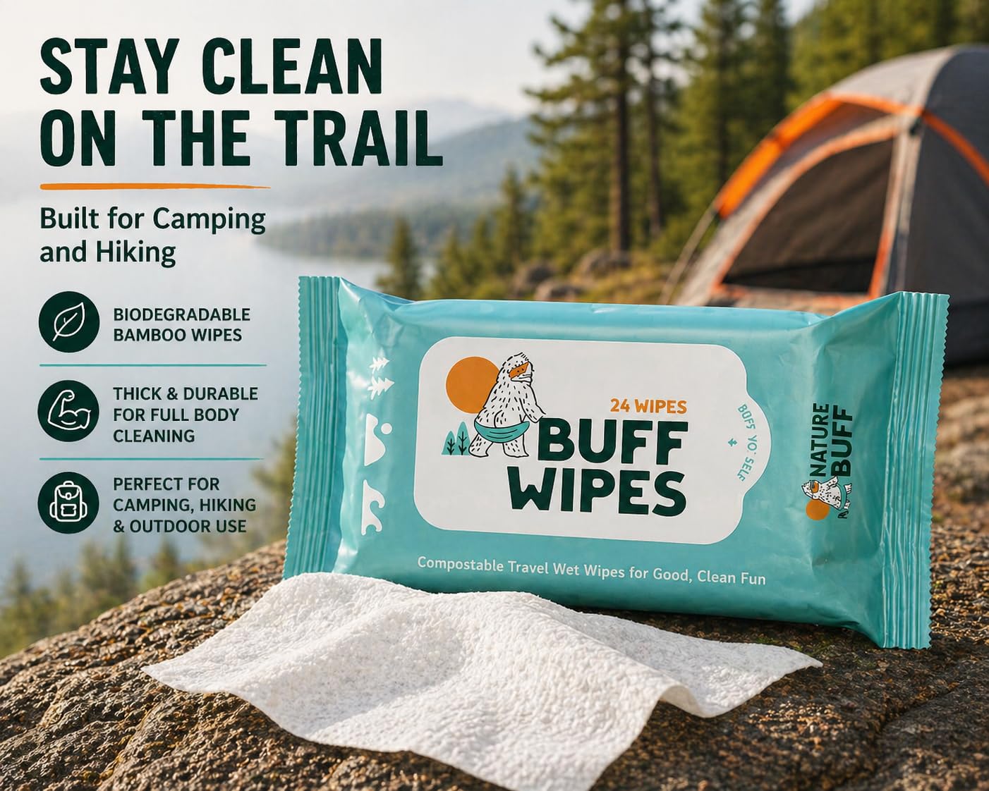 Buff Wipes Camping Wet Wipes 8 x 8 Inch Full Body & Hand Wipes