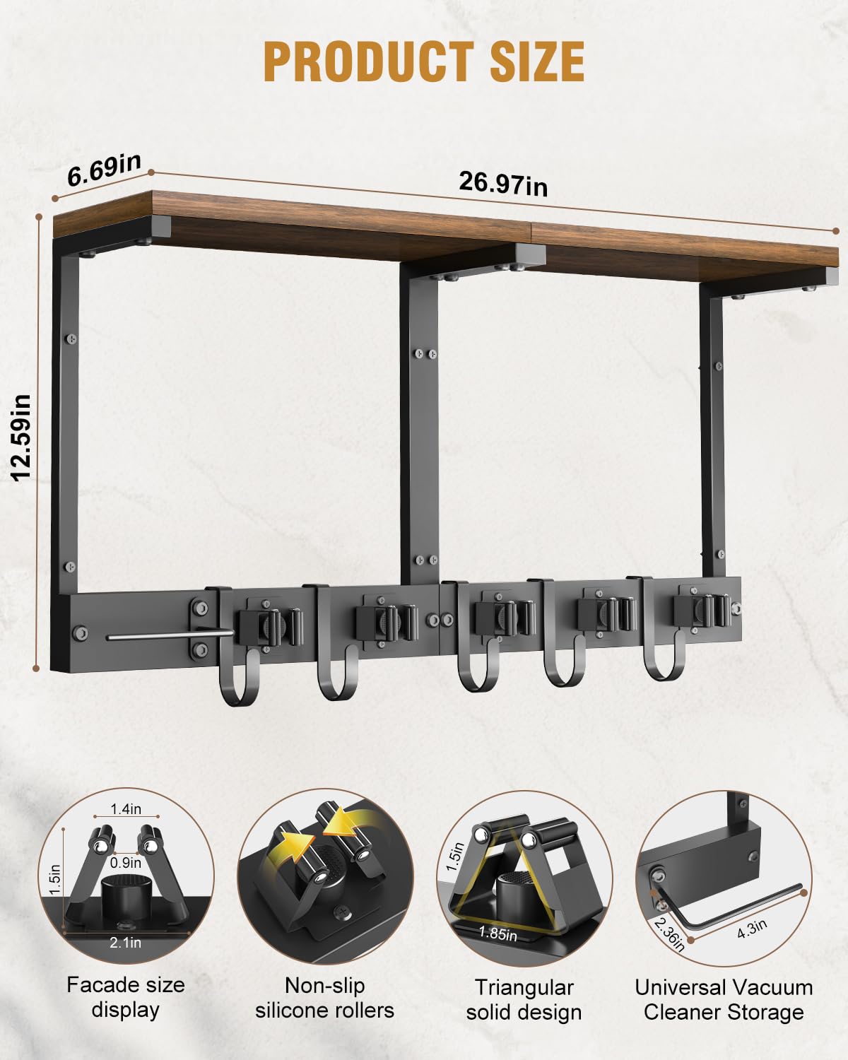 Large Broom Holder Wall Mount with Shelf