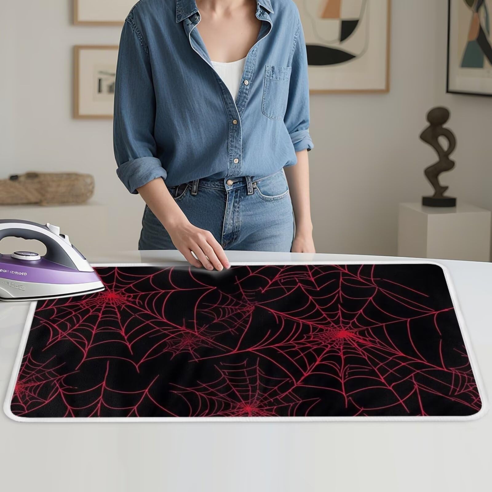 Ironing Mat Red Spider Web Portable Ironing Pad Blanket for Table Top Heat Resistance Foldable Lightweight 32 x 16 Inch Small Ironing Pads for Washer