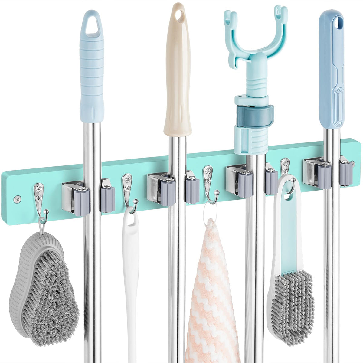Turquoise Mop Broom Holder Wall Mount with 4 Slots & 4 Hooks