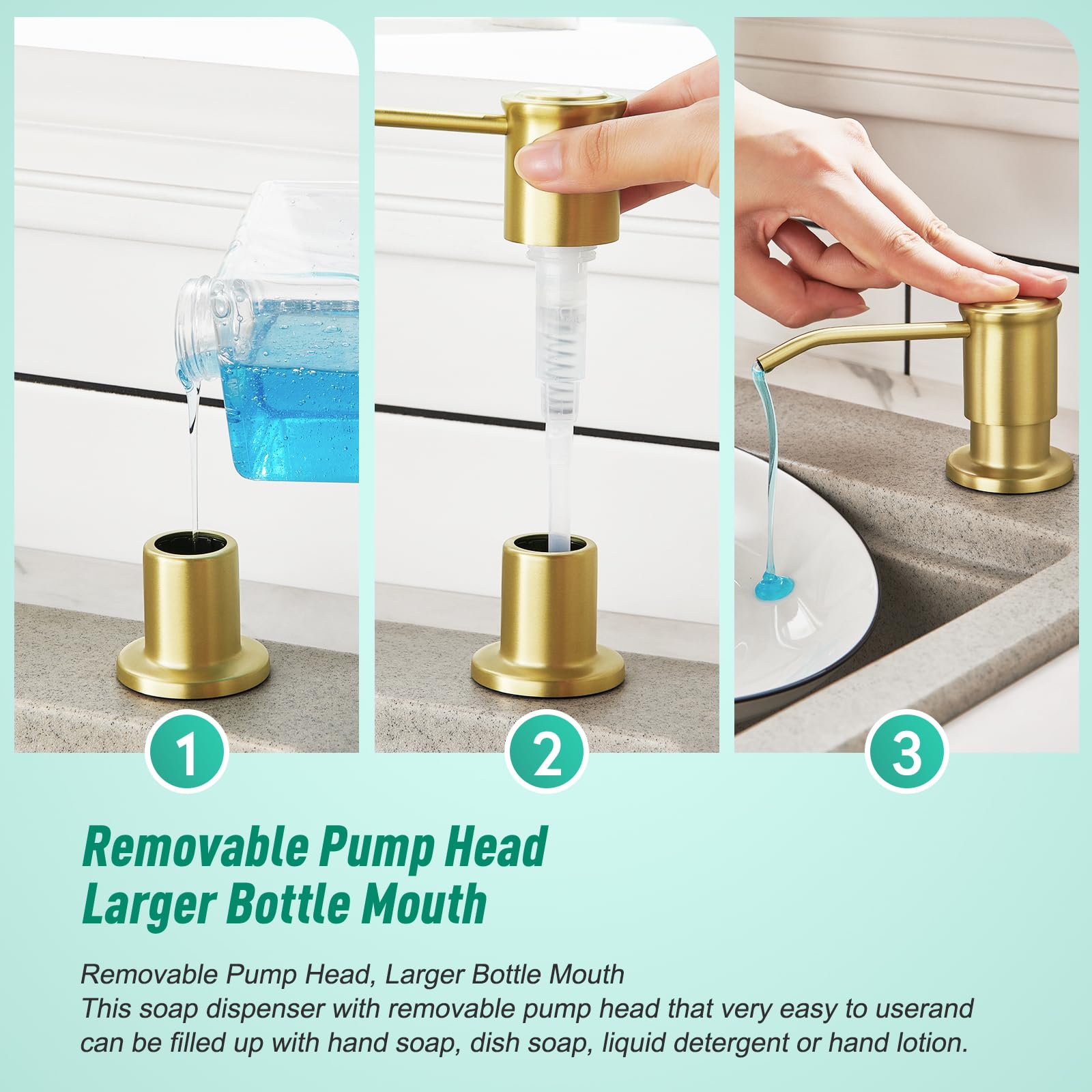 Brushed Gold Kitchen Soap Dispenser Countertop Soap Dispenser for Kitchen Sink