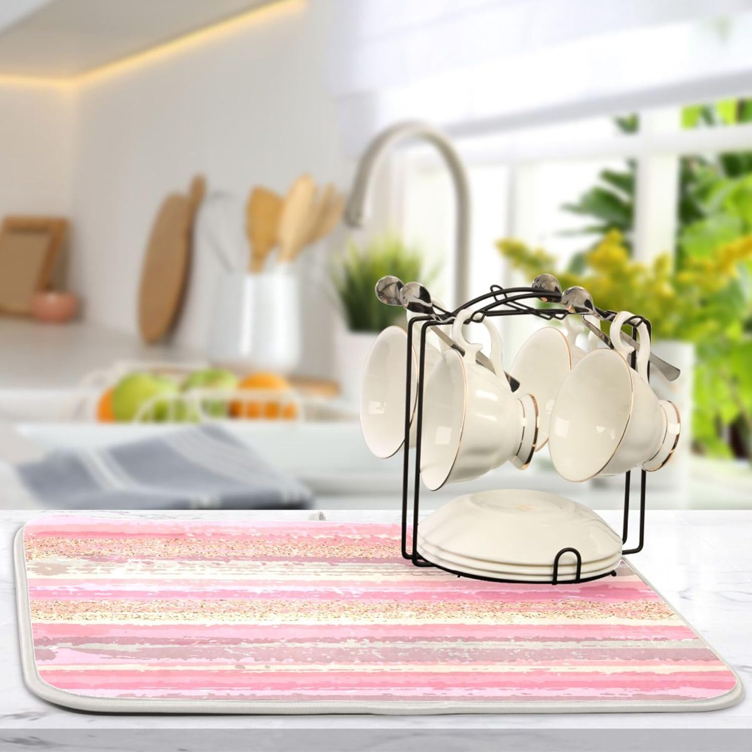 Pink Gold Stripe Dish Drying Mat for Kitchen Countertop 16x18 Rectangle Small Drying Mat Reusable Quick Dry Dish Sink Absorbent Mats Dishwasher Easy Clean Decorative Home Decor Essentials