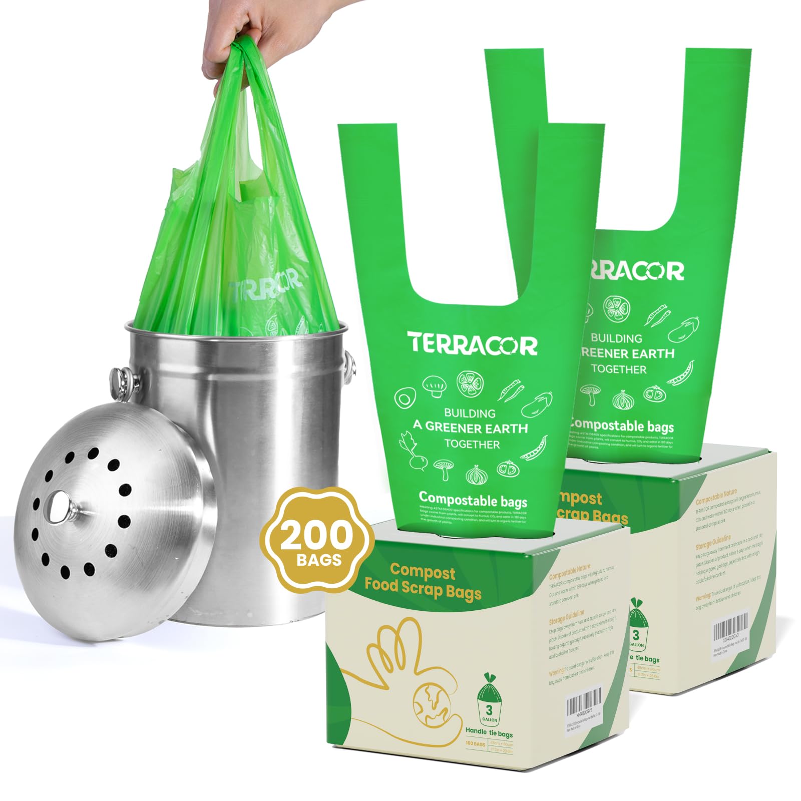 Compost Bags 3 Gallon Compostable Food Scrap Bags Handle Tie (200 Count)