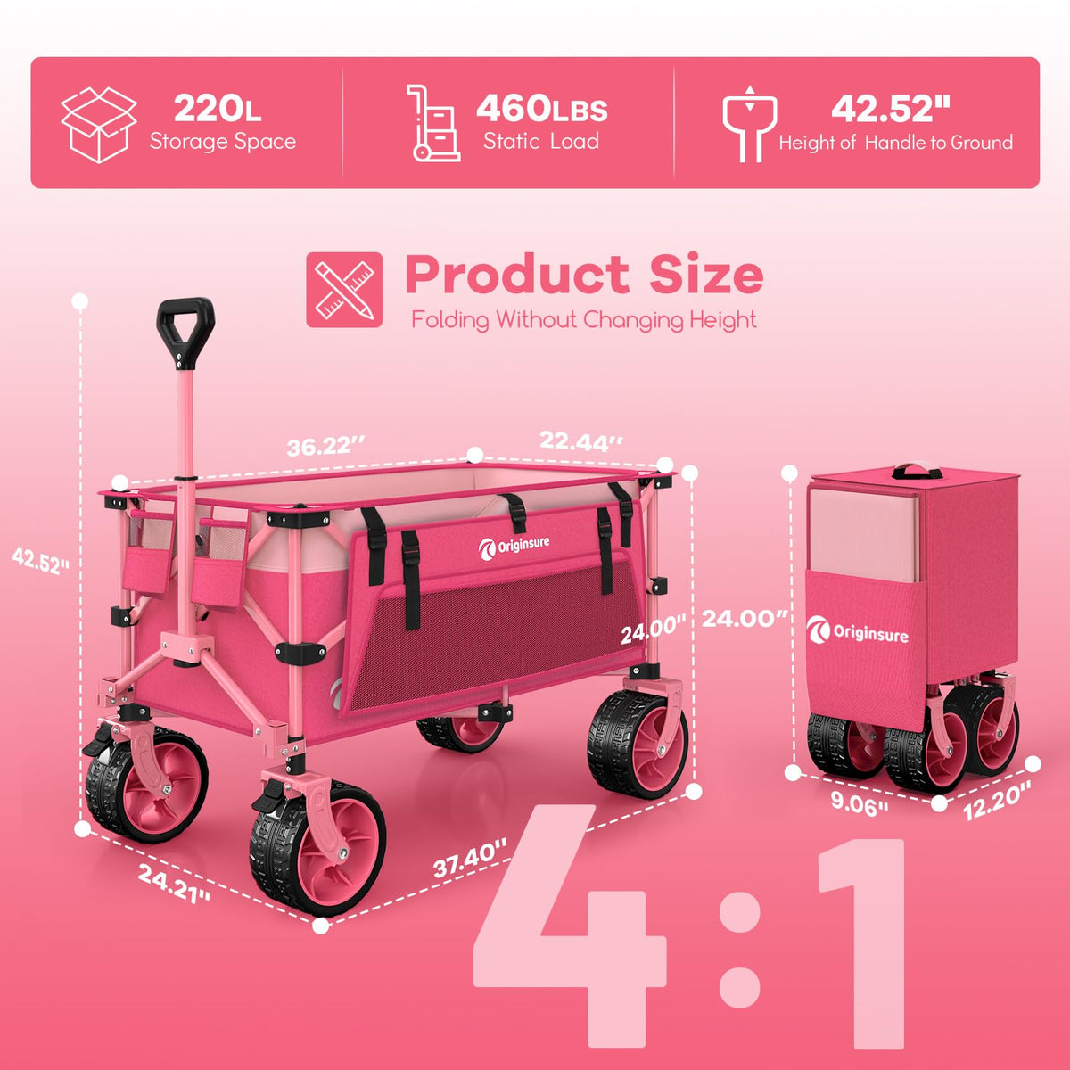 220L Collapsible Beach Wagon Cart with Big Wheels