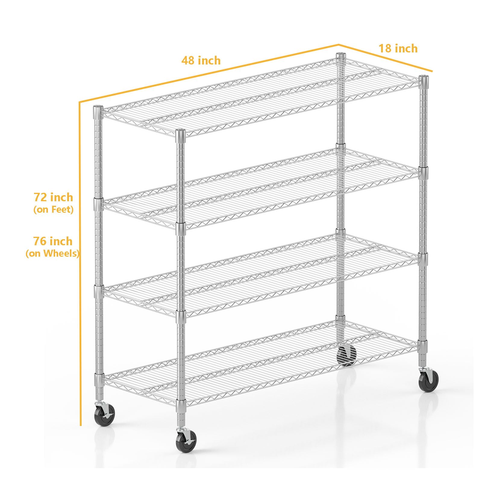 72" H Storage Shelves 4 Tier Metal Shelving Adjustable Wire Shelf with Wheels