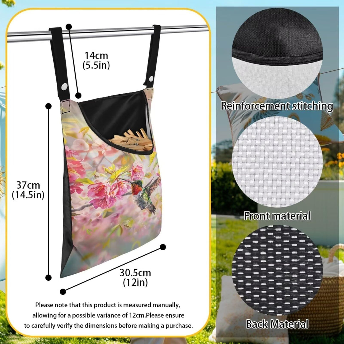 Hummingbird Clothespin Bag with Hanging Rope Cherry Blossom 14.5 x 12 Inch Summer Waterproof Laundry Clothes Pin Holder Clothespin Storage Organizer with Large Opening
