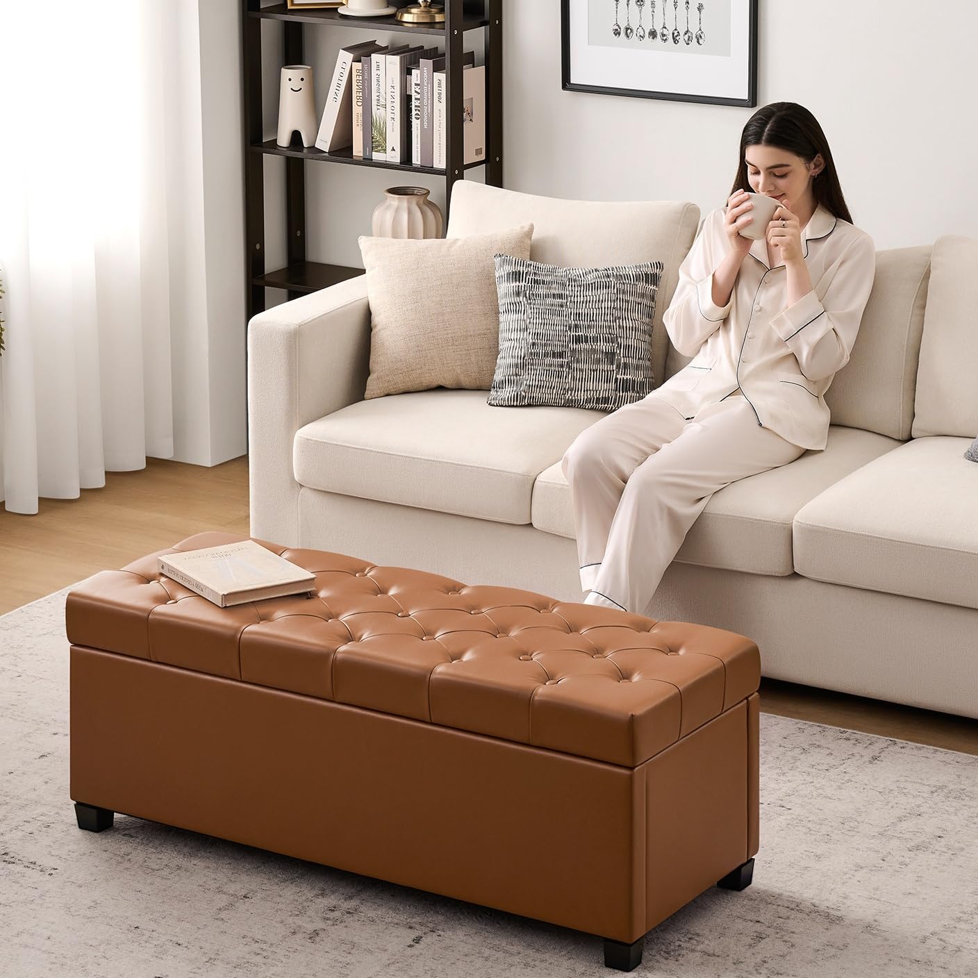 Leather Storage Ottoman Bench for Bedroom