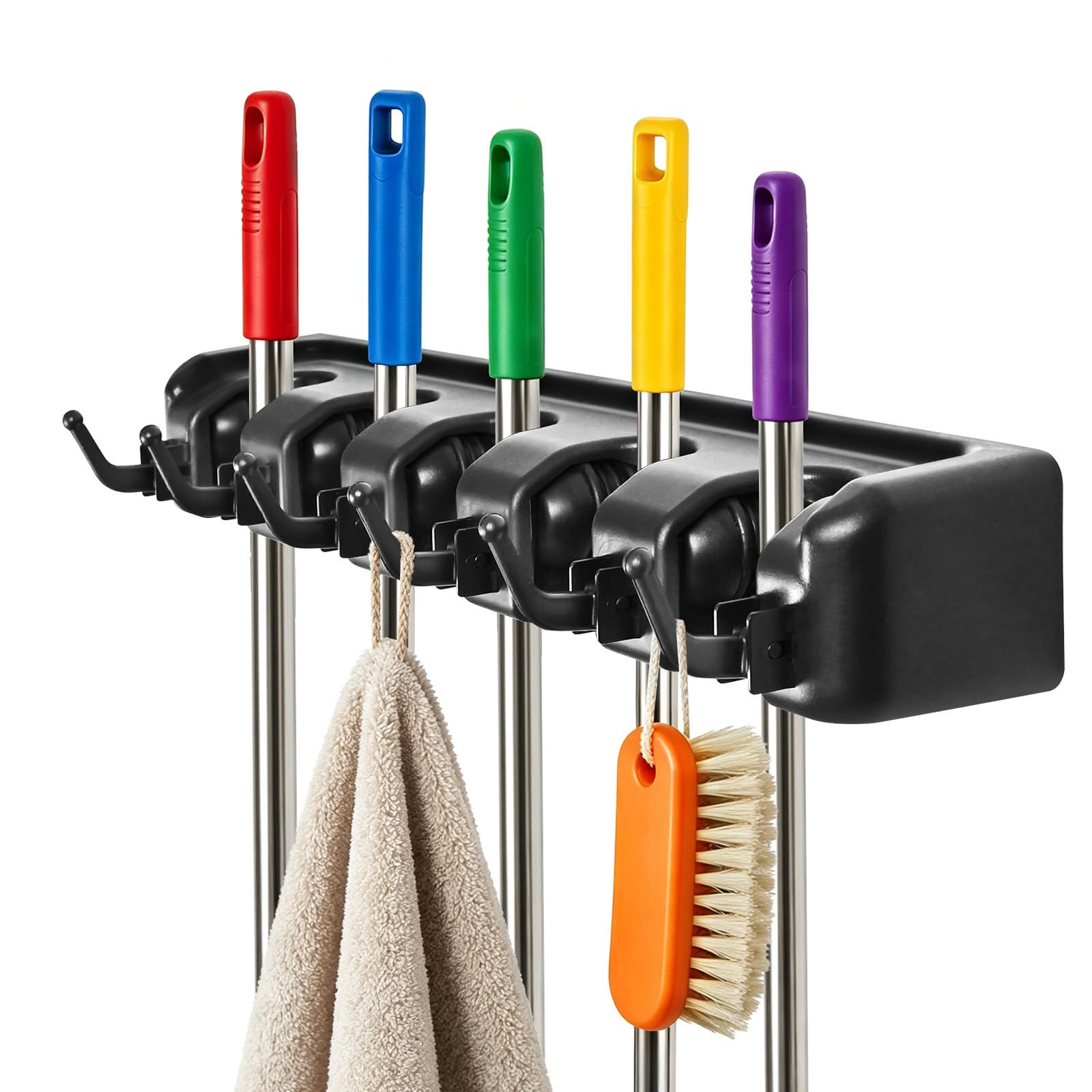 Broom Holder Wall Mount with Hooks & Slots