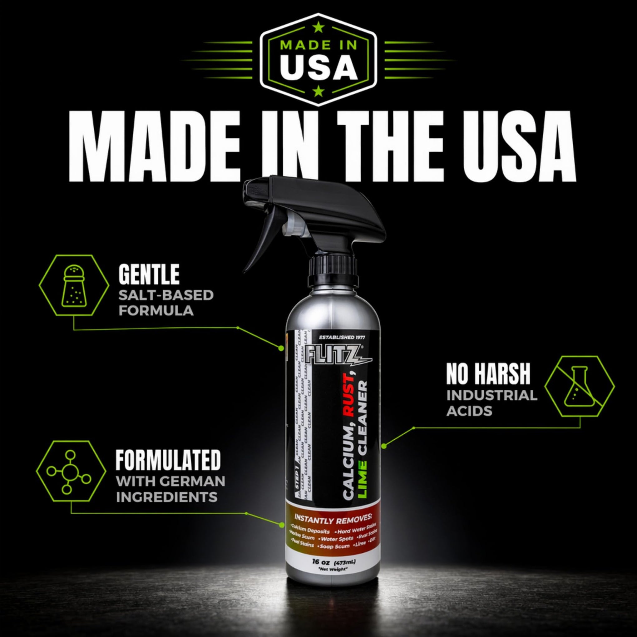 Calcium, Rust, & Lime Remover - 16oz Bottle of USA-Made Limescale Remover for Toilets, Showers, and More - Powerful Spray that Instantly Eliminates Tarnish, Grease, and Other Grime (1 Pack) (16 Fl Oz)