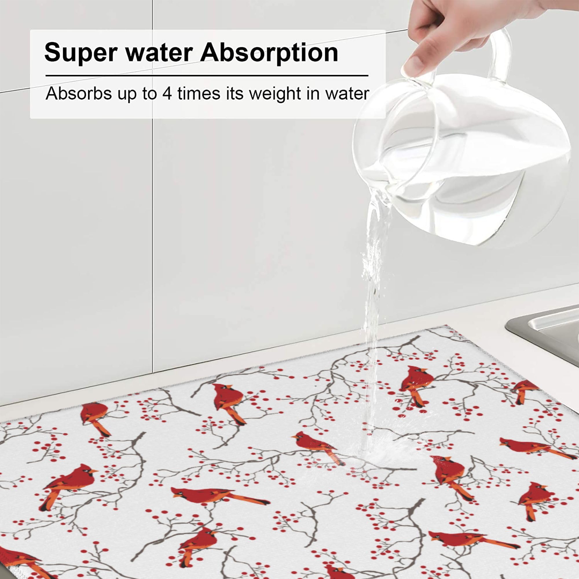Cardinal Bird Red Berry Decor Kitchen Drying Mat Cute 16x18 Inch
