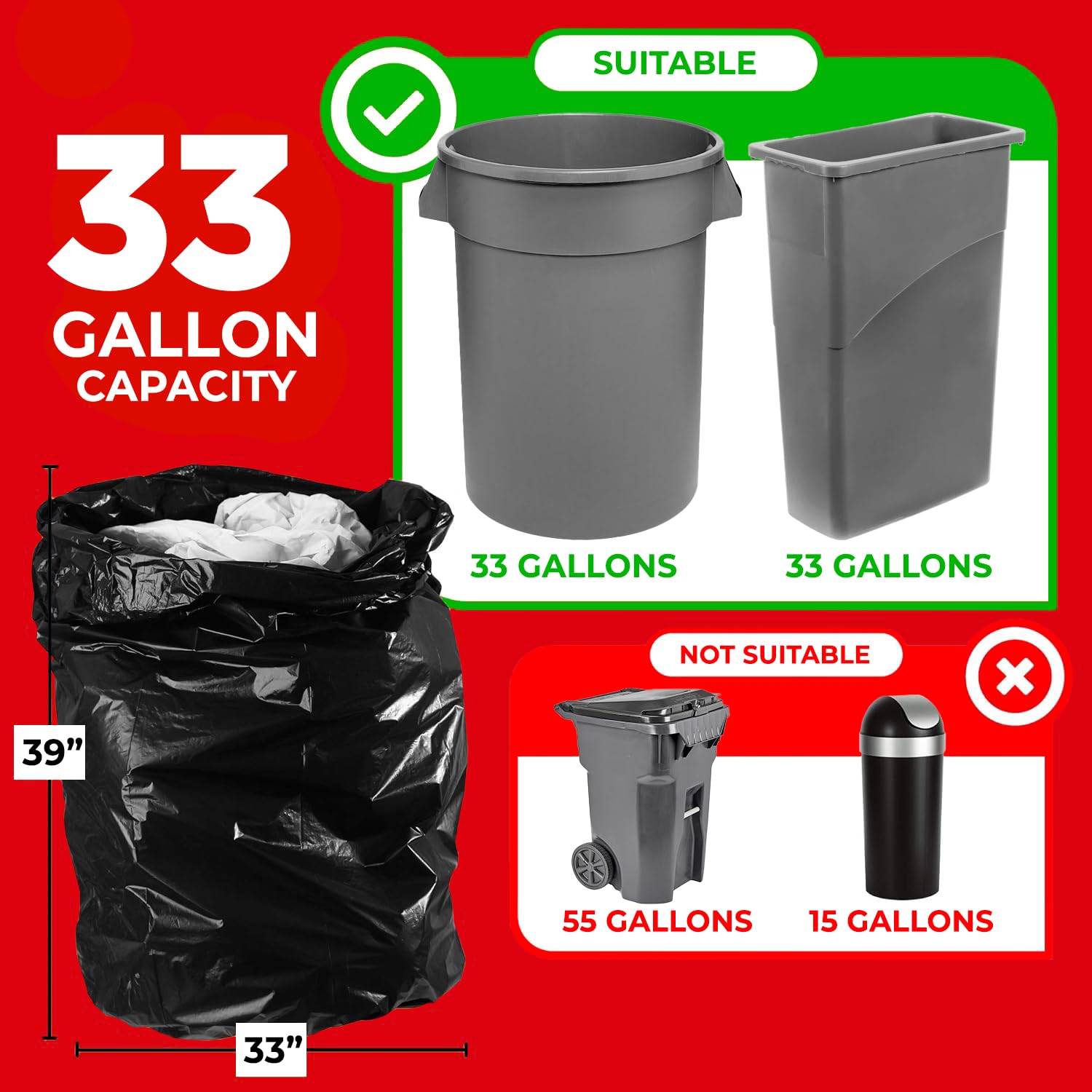 33 Gallon Durable Black Trash Bags (100 Count)