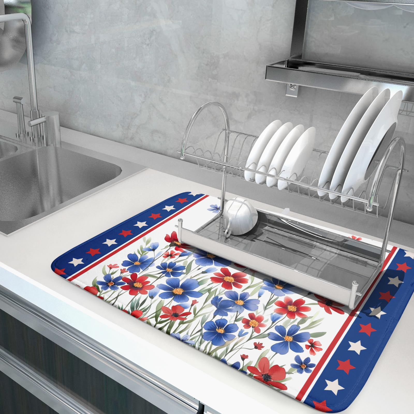 4th of July Dish Drying Mats for Kitchen Counter Summer Flowers Patriotic Kitchen Mats 18x24 Inch Absorbent Microfiber Drainer Mats Independence Day Dishes Pad Quick Dry for Tableware Protector Decor