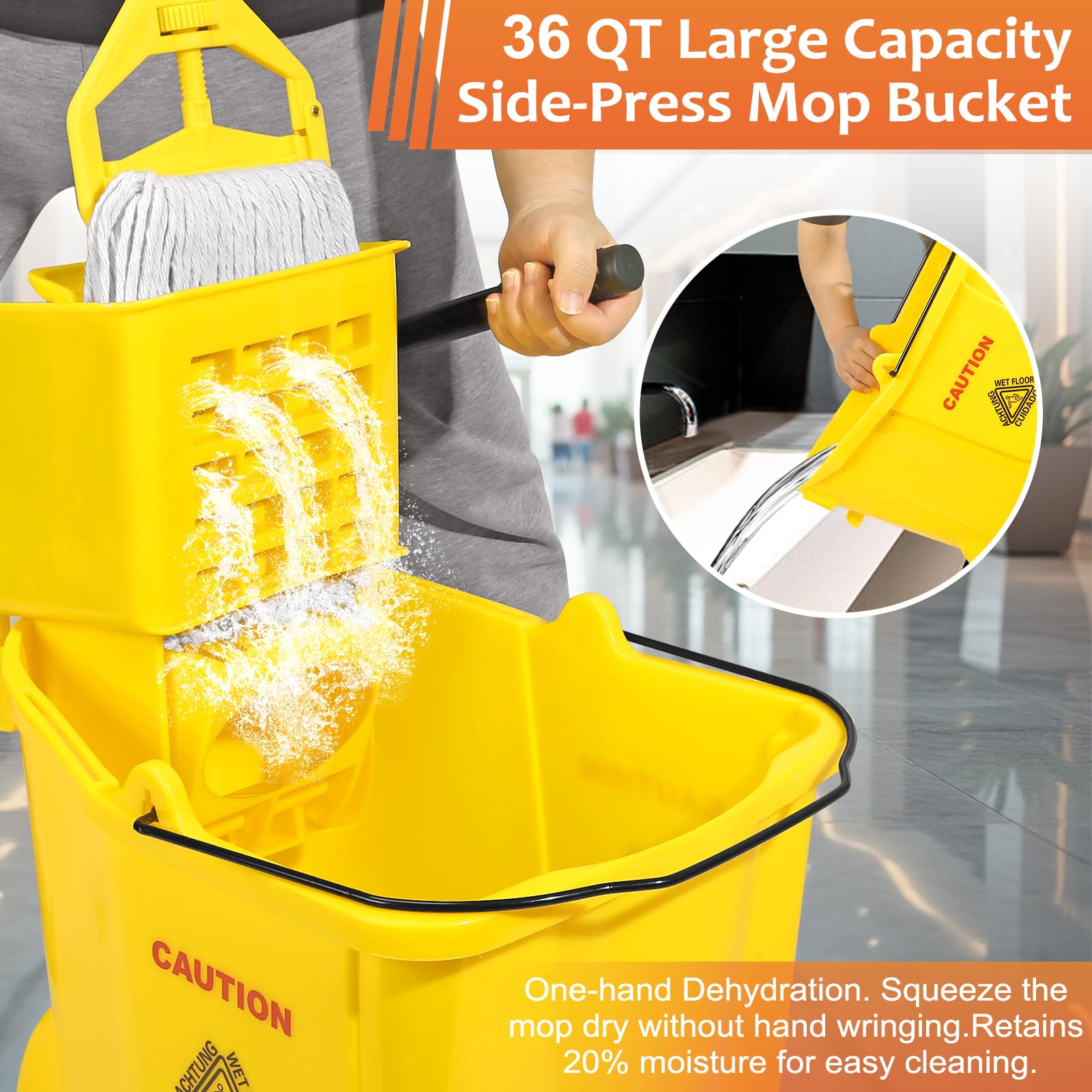 38 Qt Commercial Mop Bucket with Side Press Wringer on Wheels and Mops Set for Floor Cleaning