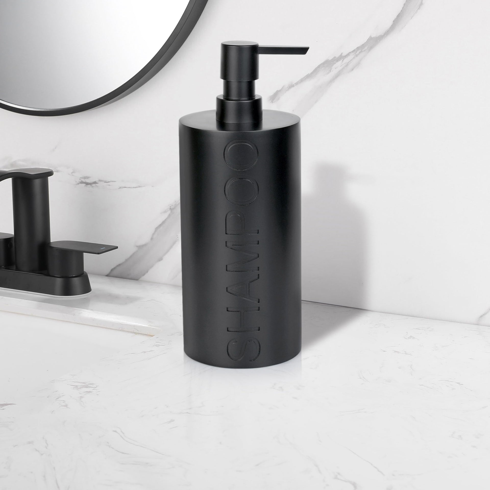 Matte Black Shampoo Dispenser Modern Refillable Pump Bottle with Embossed Text