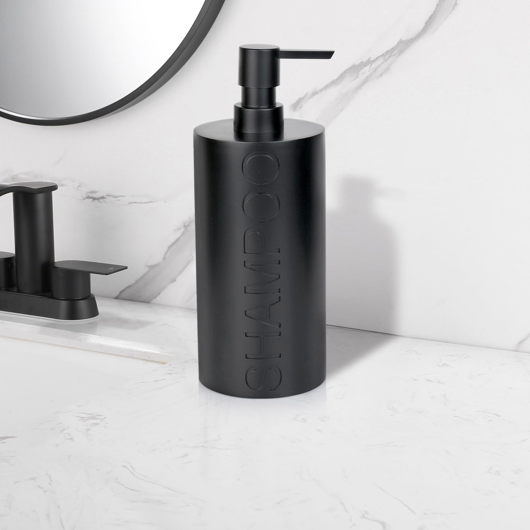 Matte Black Shampoo Dispenser Modern Refillable Pump Bottle with Embossed Text
