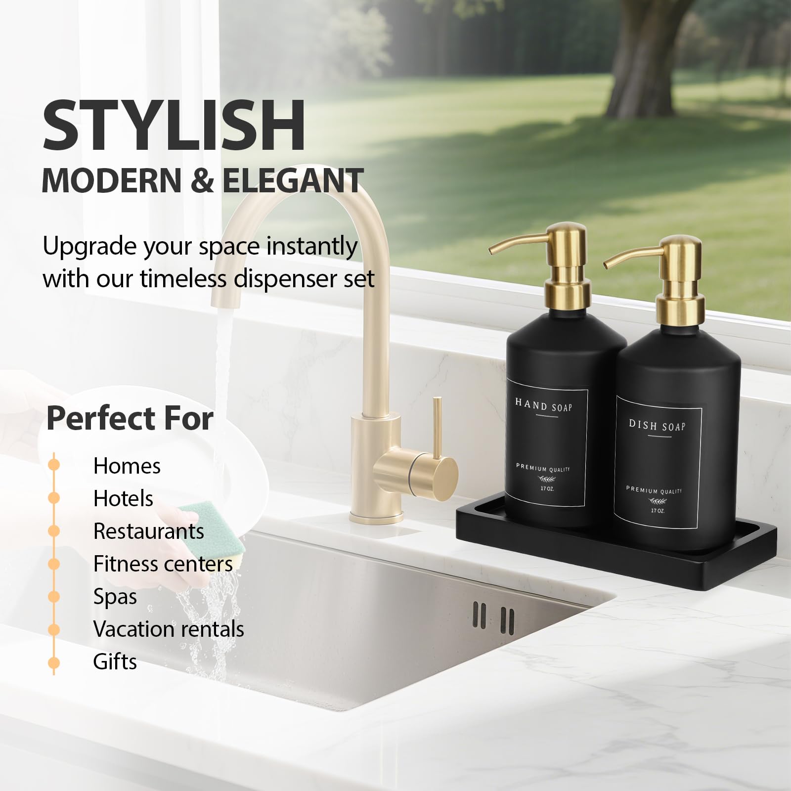 Black Glass Kitchen Hand and Dish Soap Dispenser Set (2 Count)