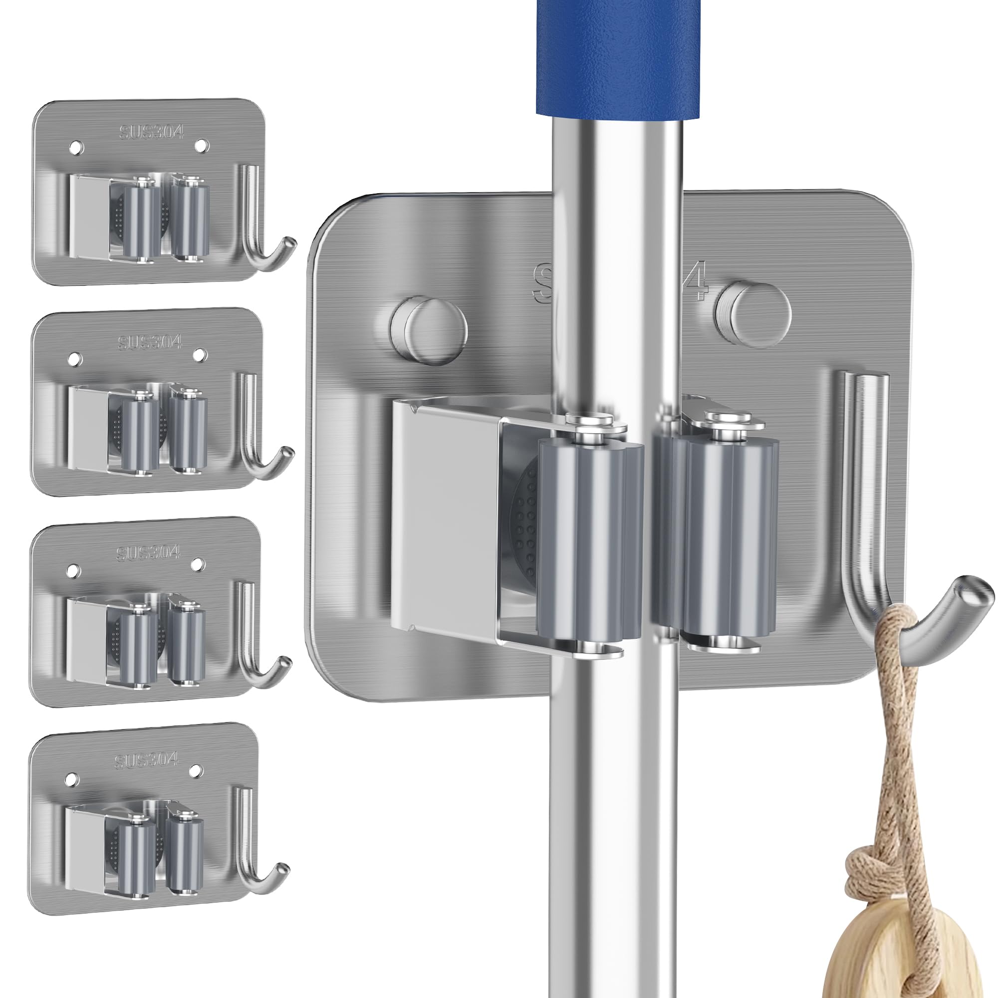 4 Pack Stainless Steel Mop and Broom Holder Wall Mount with Hook (4 Count)