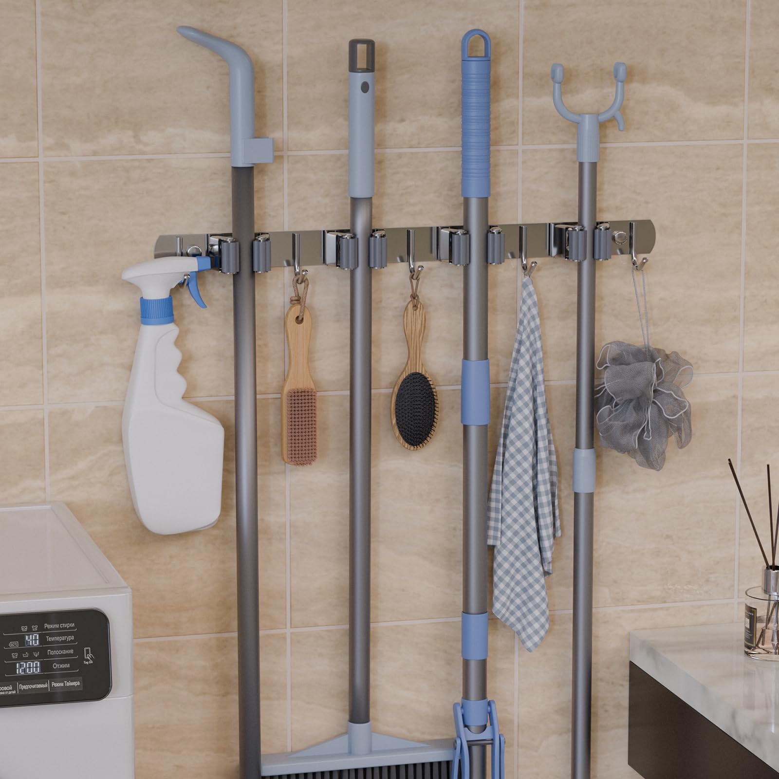 Wall Mounted Broom and Mop Organizer Stainless Steel Storage Rack