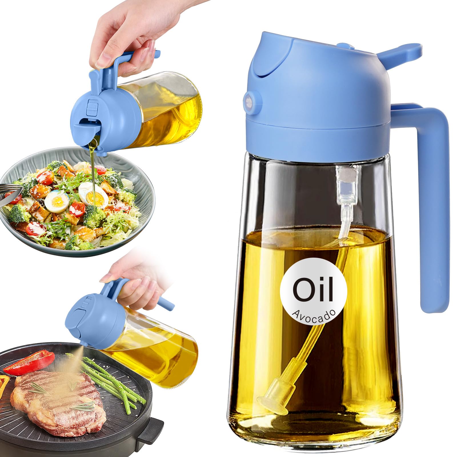 16 oz 2-in-1 Glass Olive Oil Sprayer for Cooking, SkyBlue