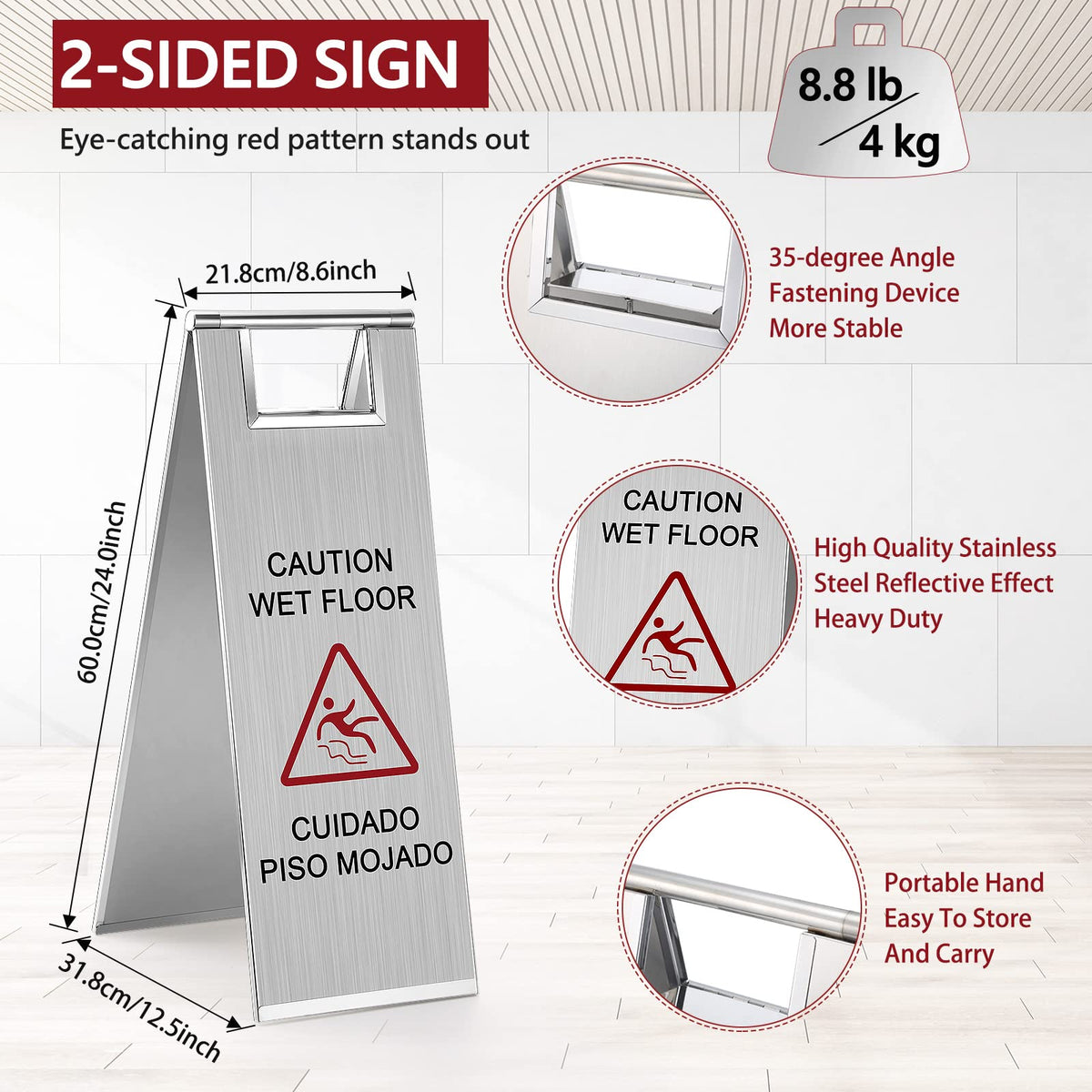 4 Pcs Stainless Steel Wet Floor Sign Bulk (4 Count)